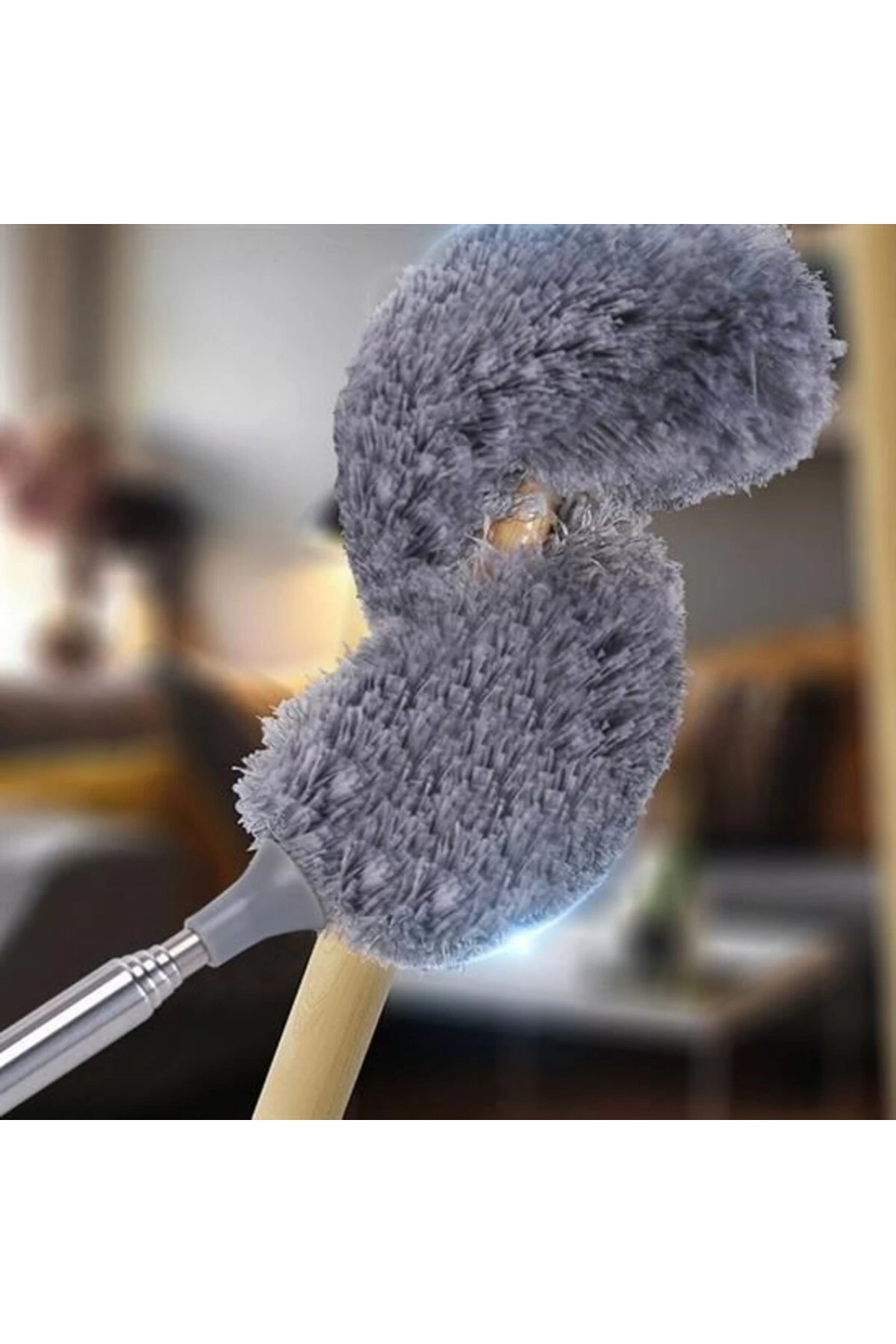 Teleskopik Uzatılabilir Mikrofiber Yumuşak Başlıklı Gri Toz Alma Fırçası Toz Püskülü