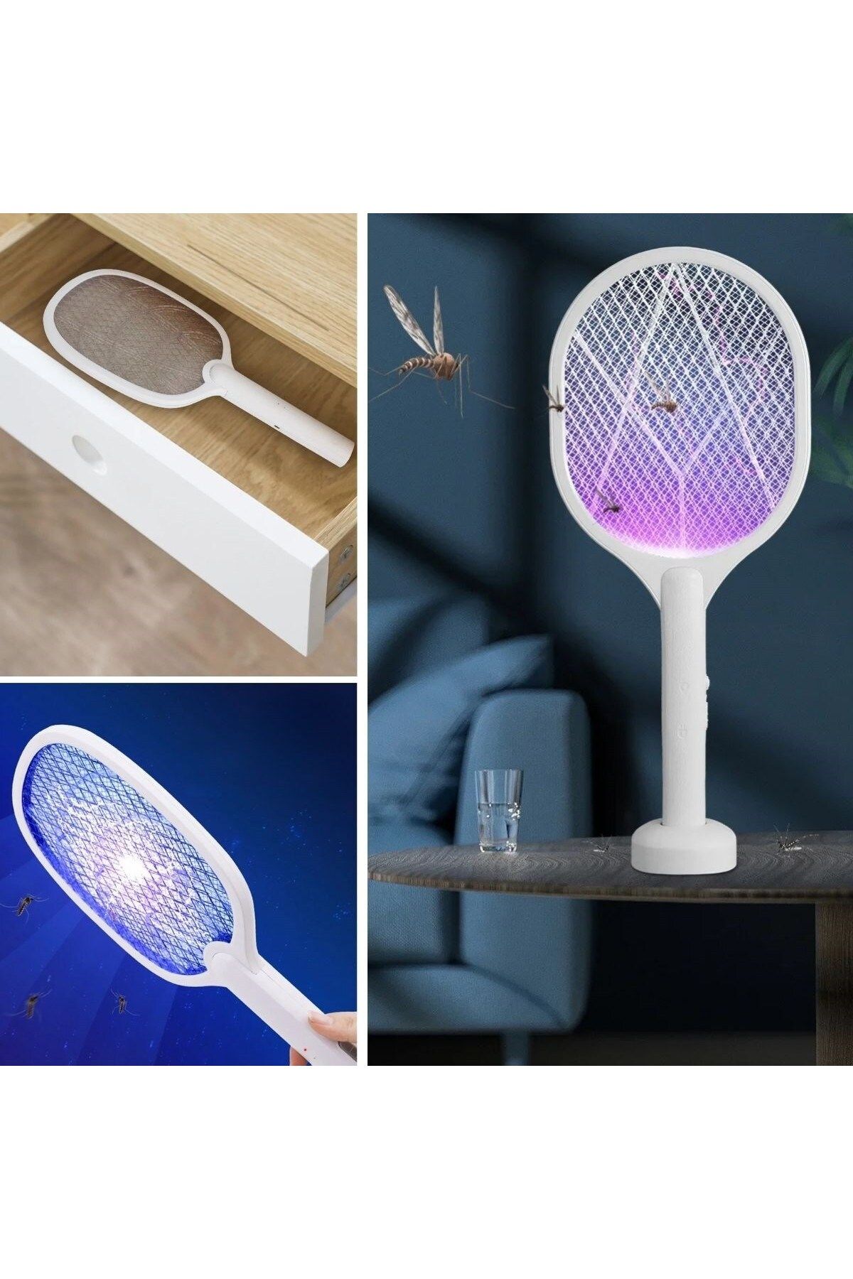 Şarjlı Sinek Öldürücü Masaüstü Standlı,Mor Işık Sinek Kovucu Raket 5w