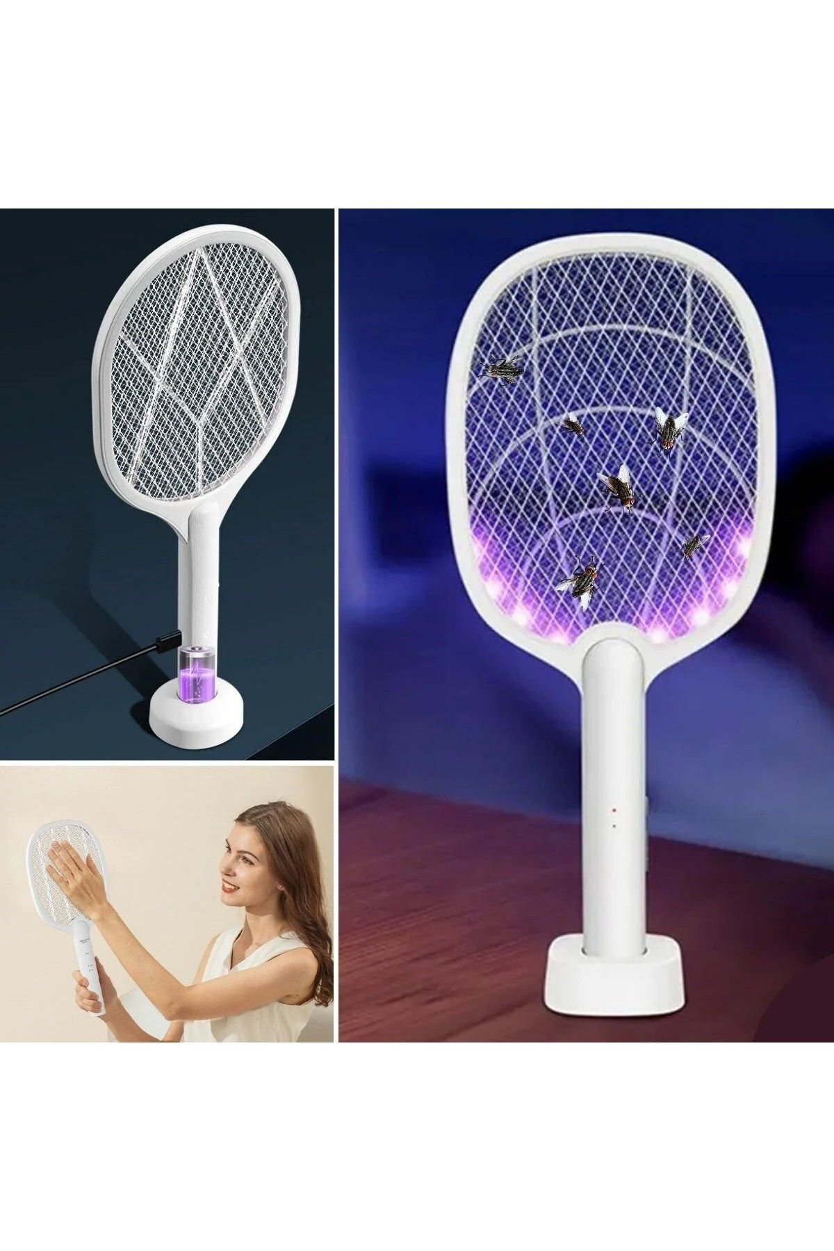 Şarjlı Sinek Öldürücü Masaüstü Standlı,Mor Işık Sinek Kovucu Raket 5w