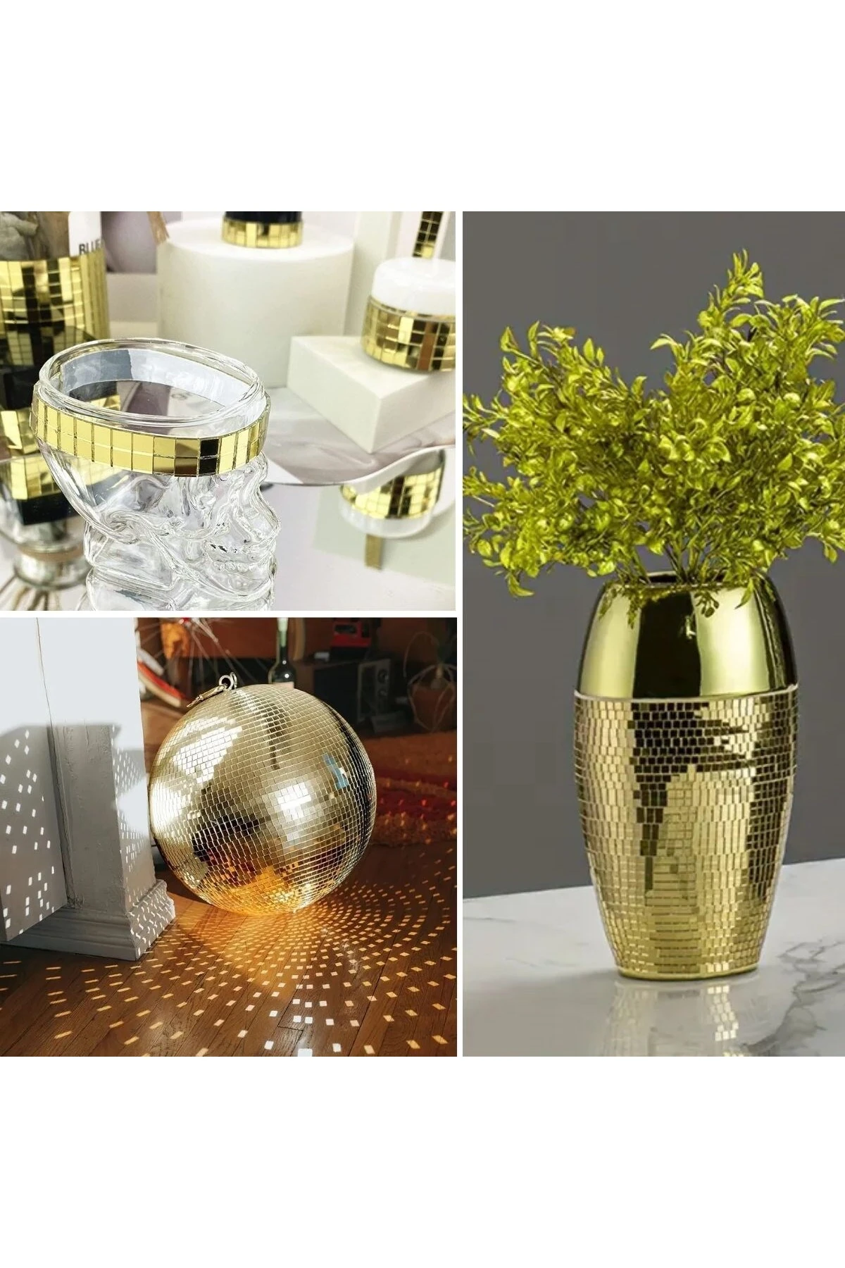 Altın Renk Kendinden Yapışkanlı Cam Mini Kare Aynalar, Mozaik Ayna Çıkartmaları Ev Dekorasyonu