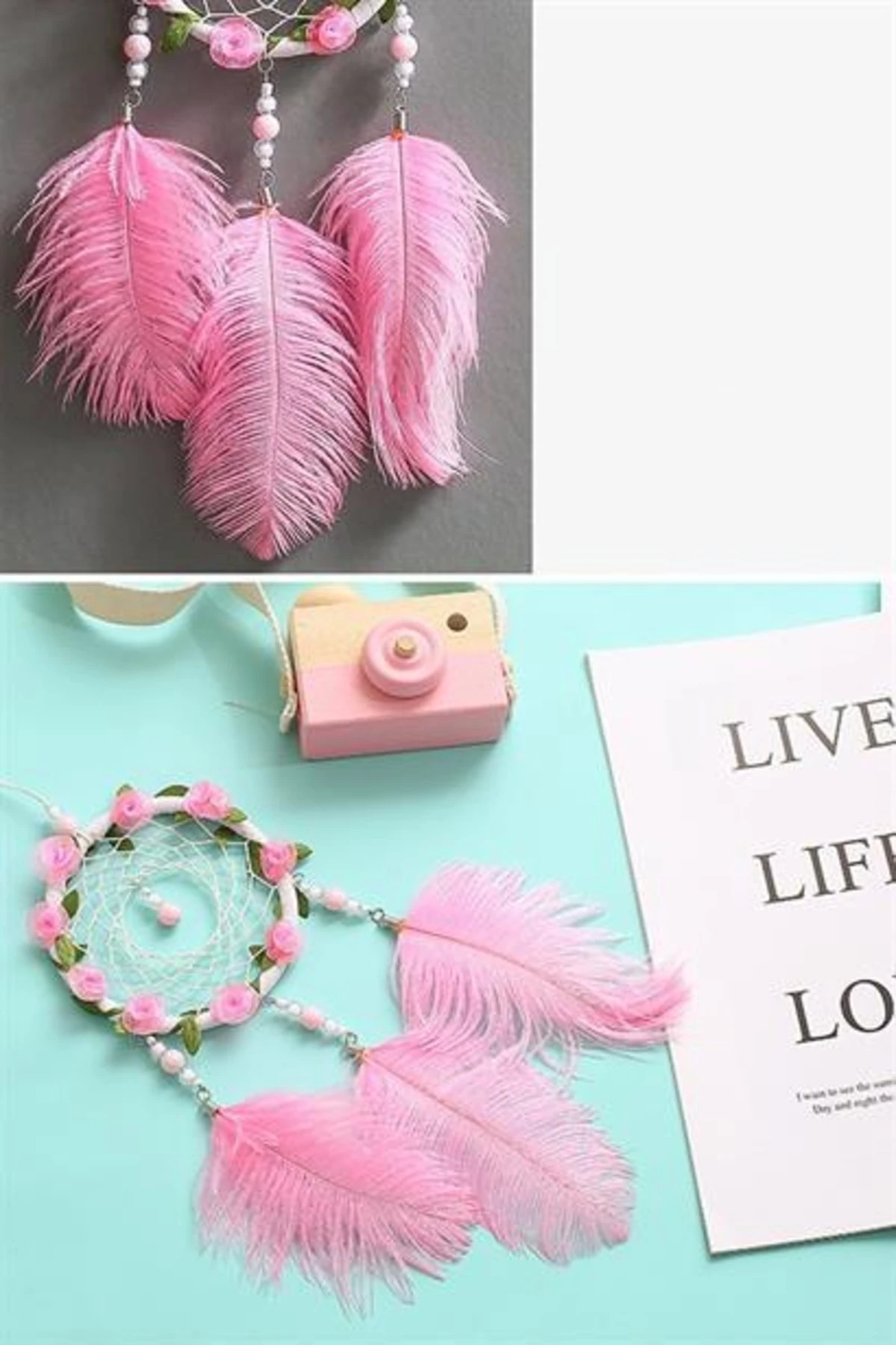 roichil® El Yapımı Kuş Tüyü Ve Led Işıklı Dekoratif Asma Düş Rüya Kapanı