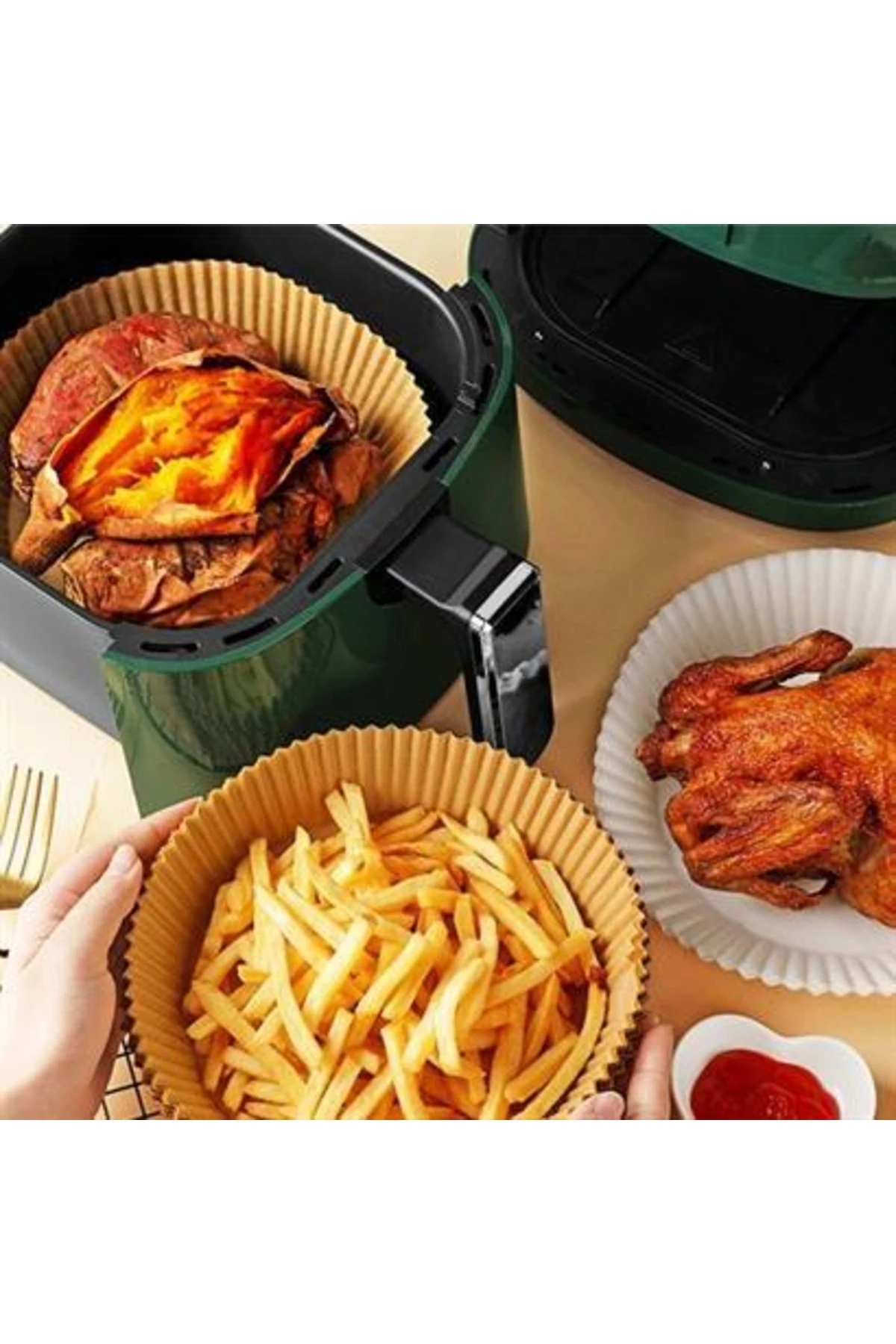 50 Adet Air Fryer Pişirme Kağıdı Tek Kullanımlık Hava Fritöz Yağ Geçirmez Yapışmaz Tabak Model