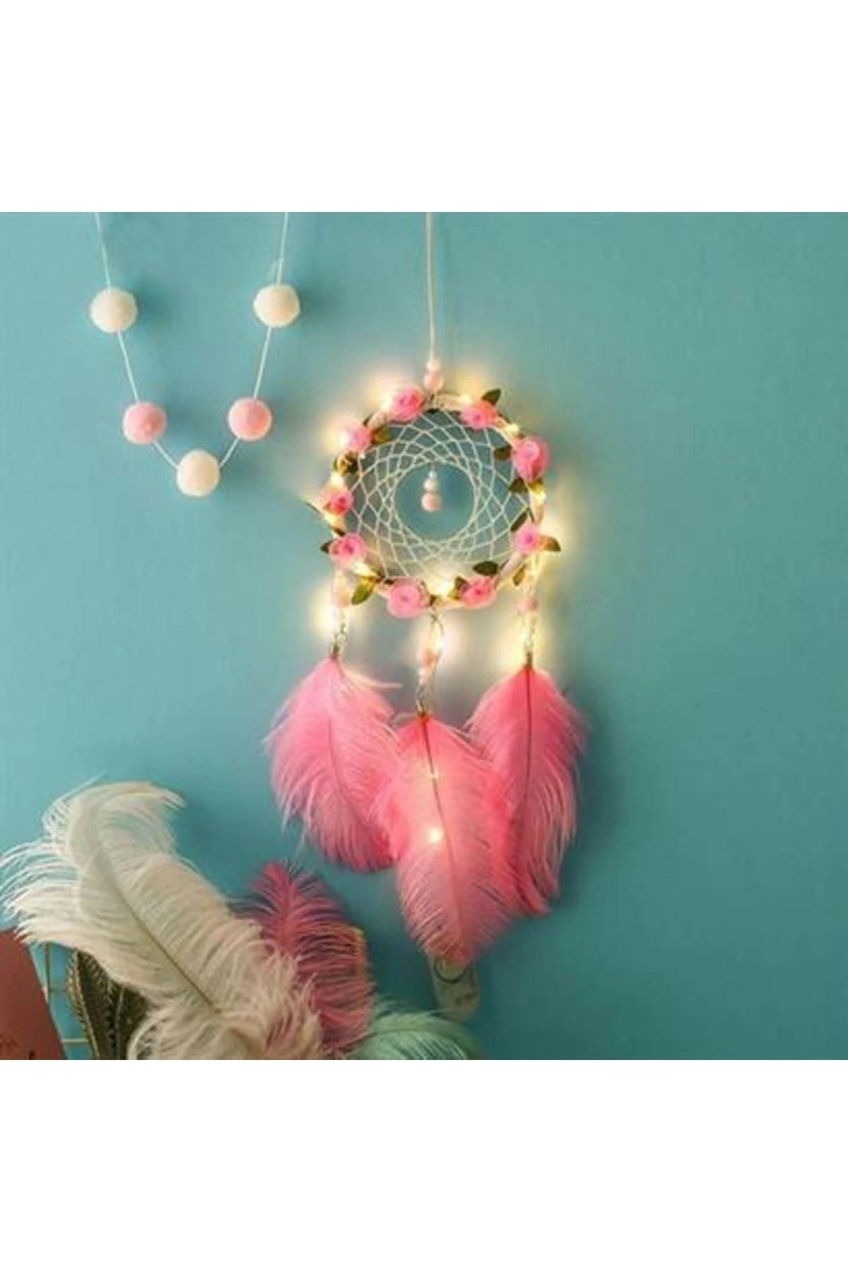 roichil® El Yapımı Kuş Tüyü Ve Led Işıklı Dekoratif Asma Düş Rüya Kapanı