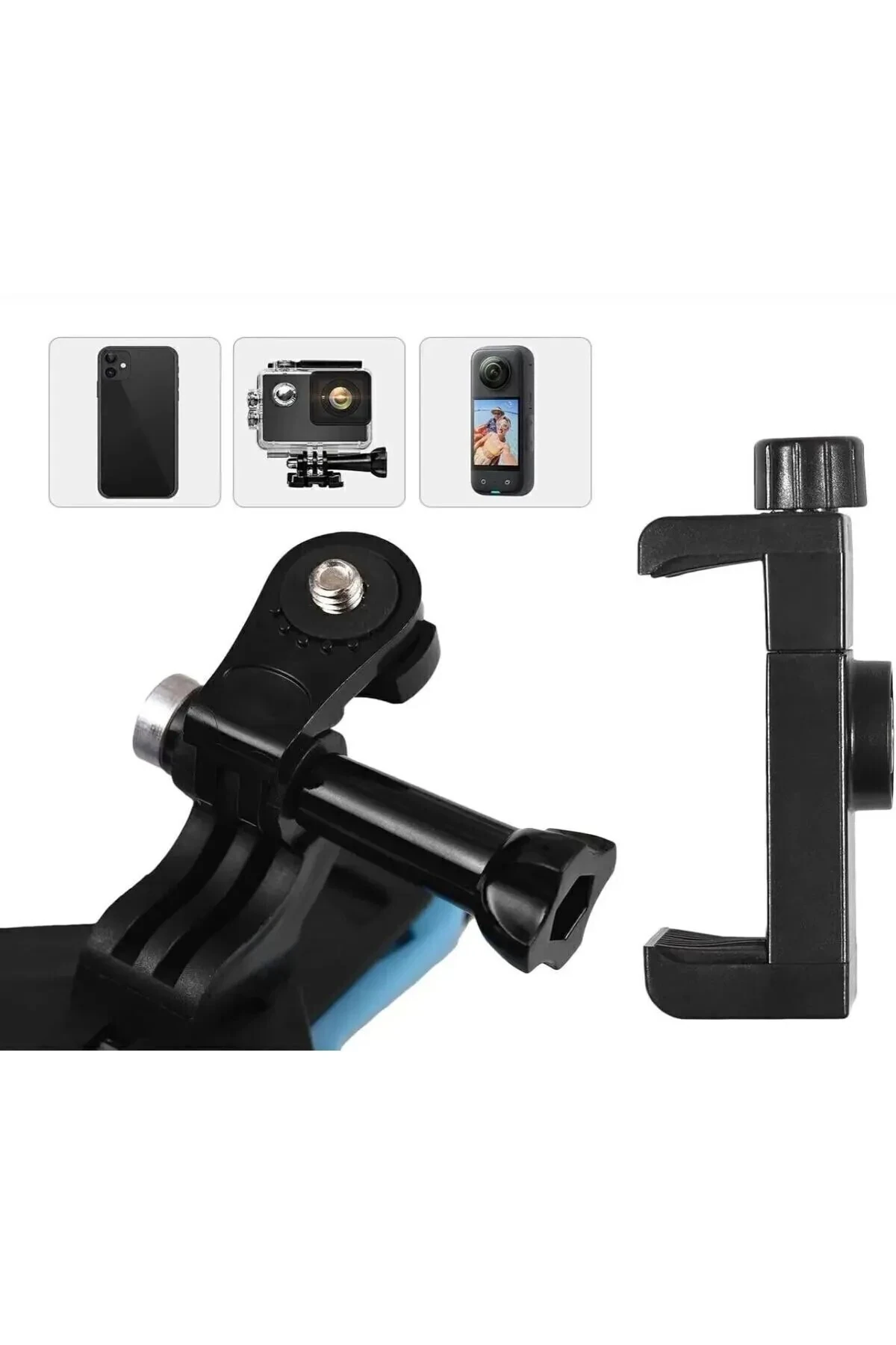 Kask Alt Çene Bağlantı Aparatı ve Kayışı Aksiyon Kamera ve Telefon Tutucu Set Siyah Mavi