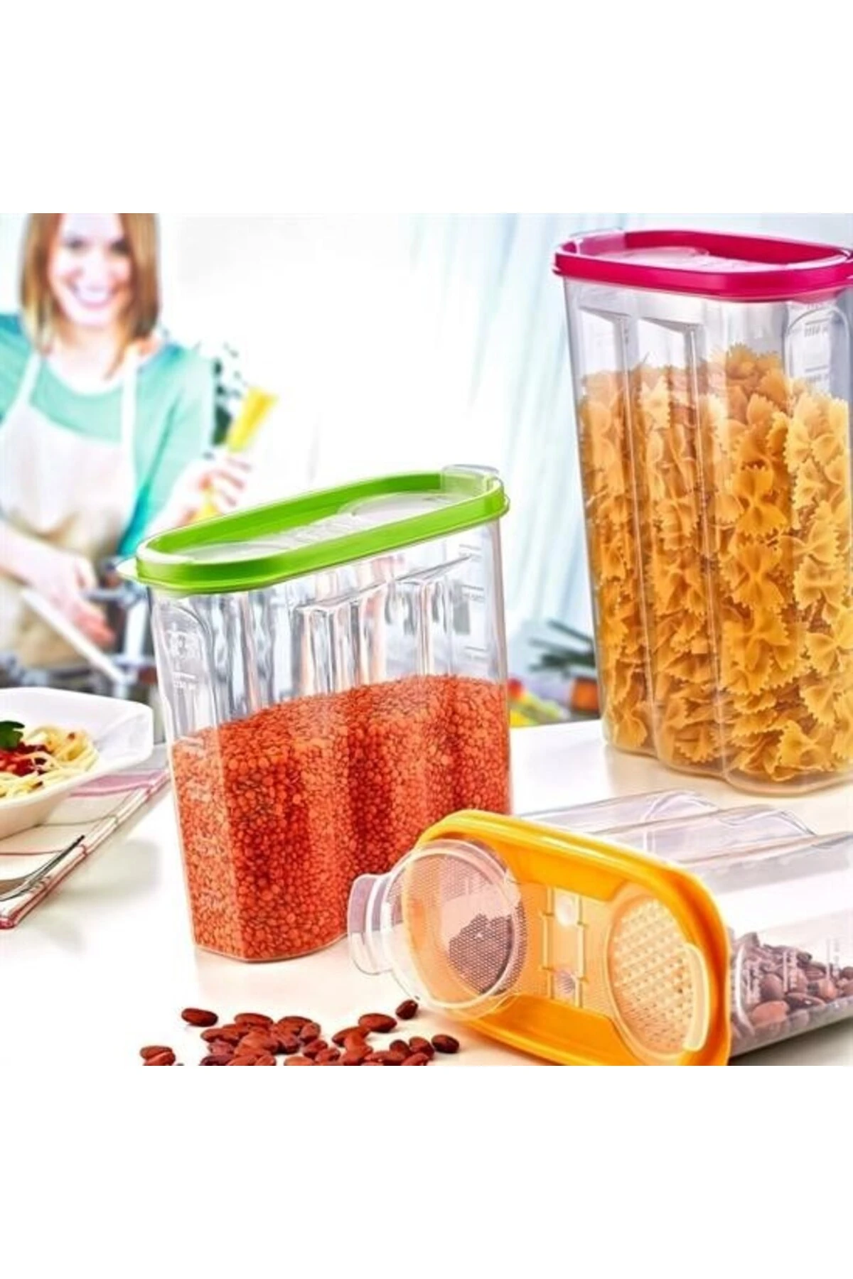 ® 2 Kapaklı Ölçekli Erzak Kuru Gıda Saklama Kutusu Kabı 2,4 Litre-SA940