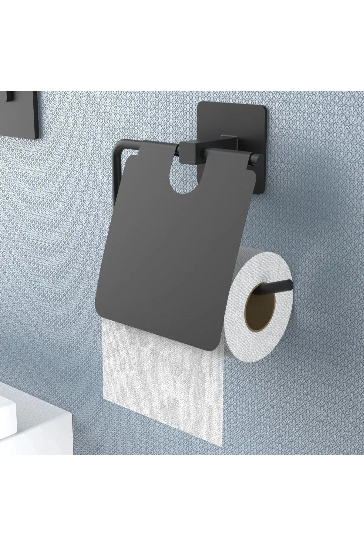 Kendiliğinden Yapışkanlı Siyah Paslanmaz Metal Kapaklı Tuvalet Kağıtlığı Aparatı