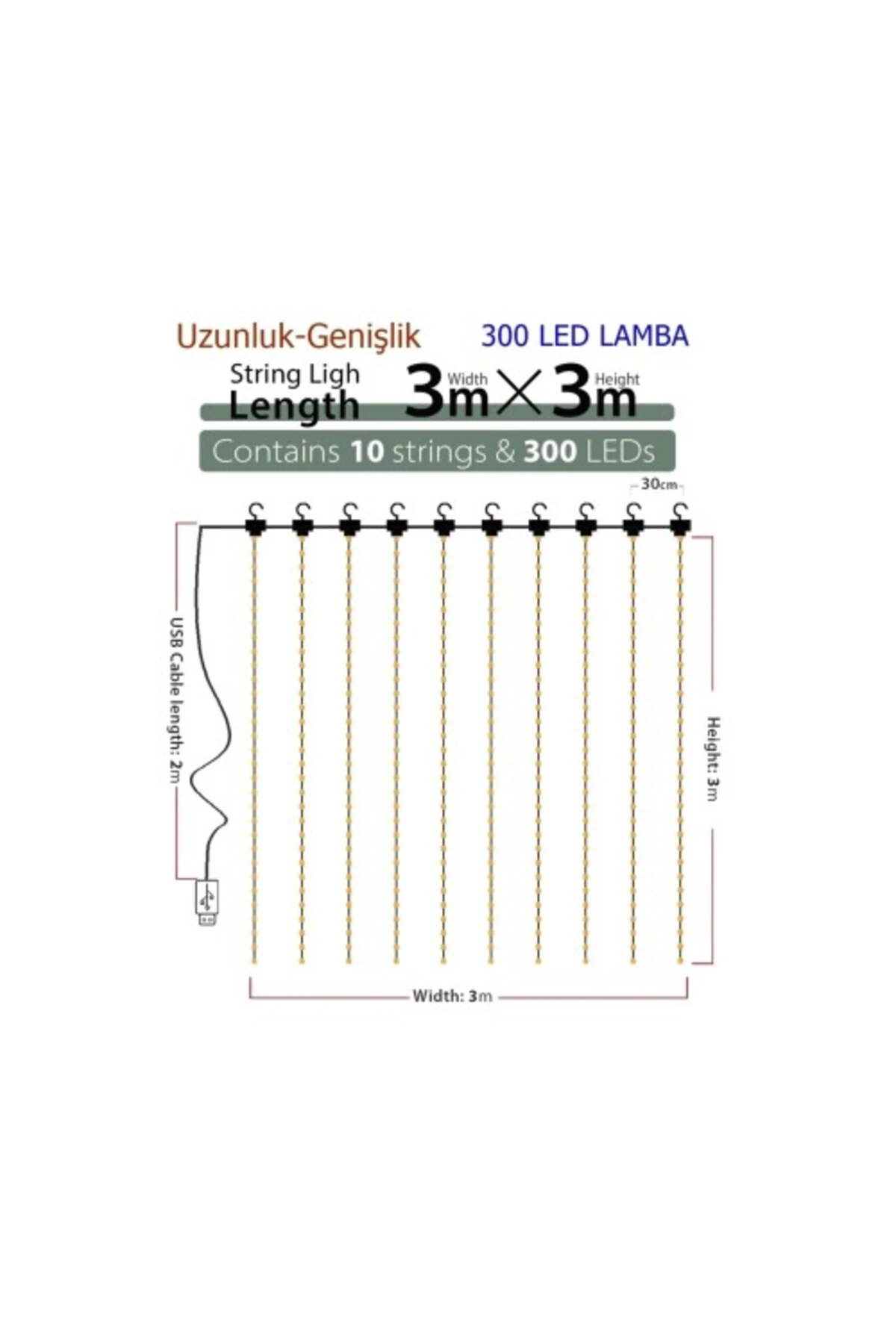 8 Fonksiyonlu Peri Perde Led Uzaktan Kumandalı Günışığı Perde Peri Led (3 mt x 3 mt)