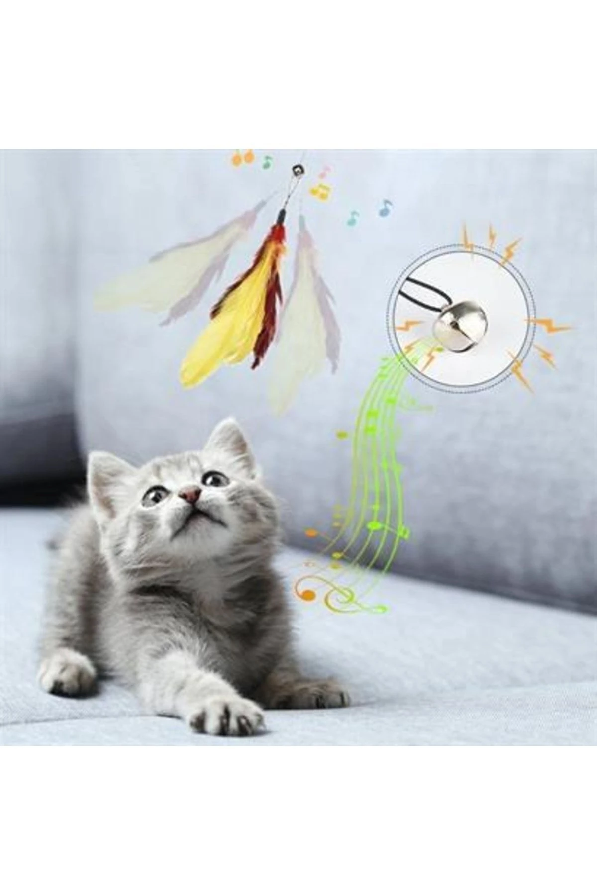 Teleskopik Tüylü Ve Çanlı Boyu Ayarlanabilir Elastik Eğlenceli Peluş Kedi Oyun Oltası