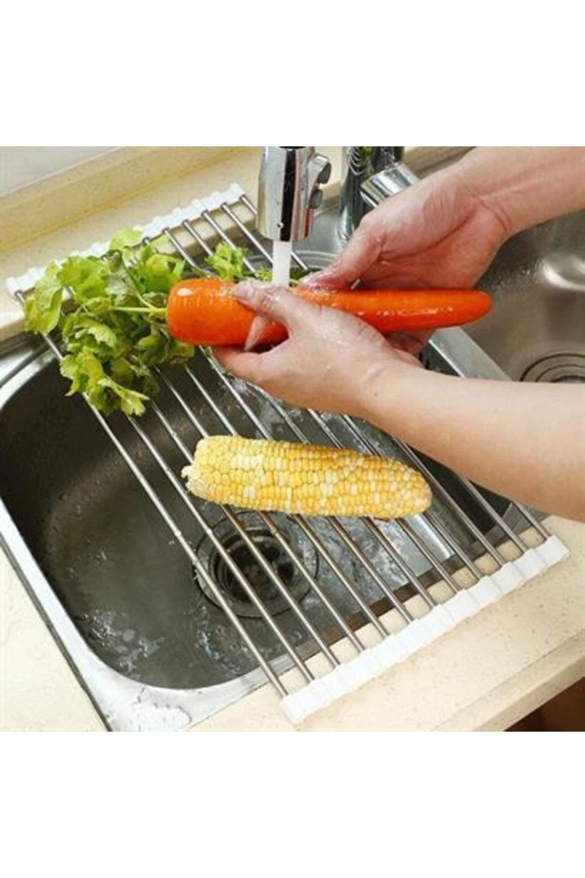 Evye Üstü Katlanır Nihale Paslanmaz Çelik Pratik Sebze Meyve Bulaşık Kurutma Süzgeci