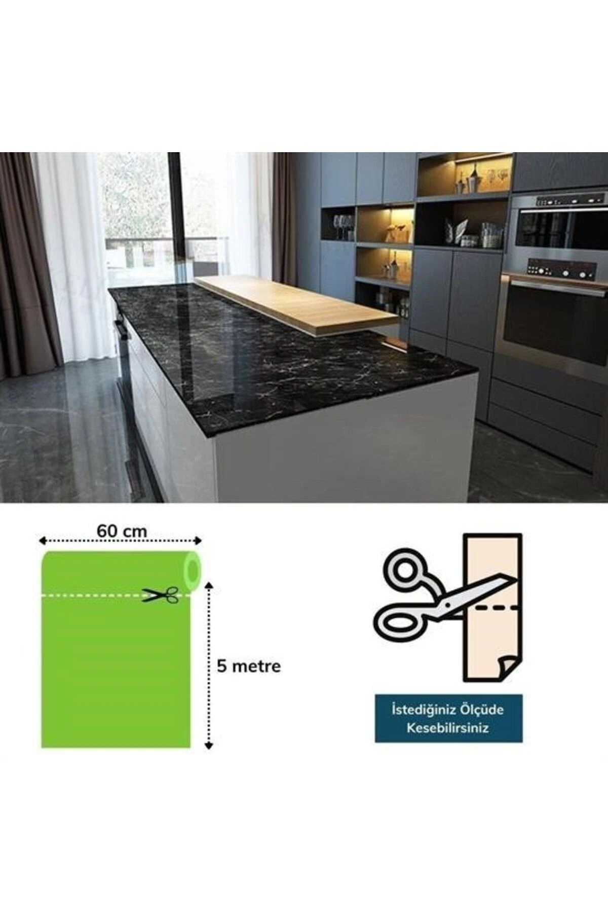Mermer Desenli Masa Tezgah Mutfak Su Geçirmez   Siyah 5x0,6m