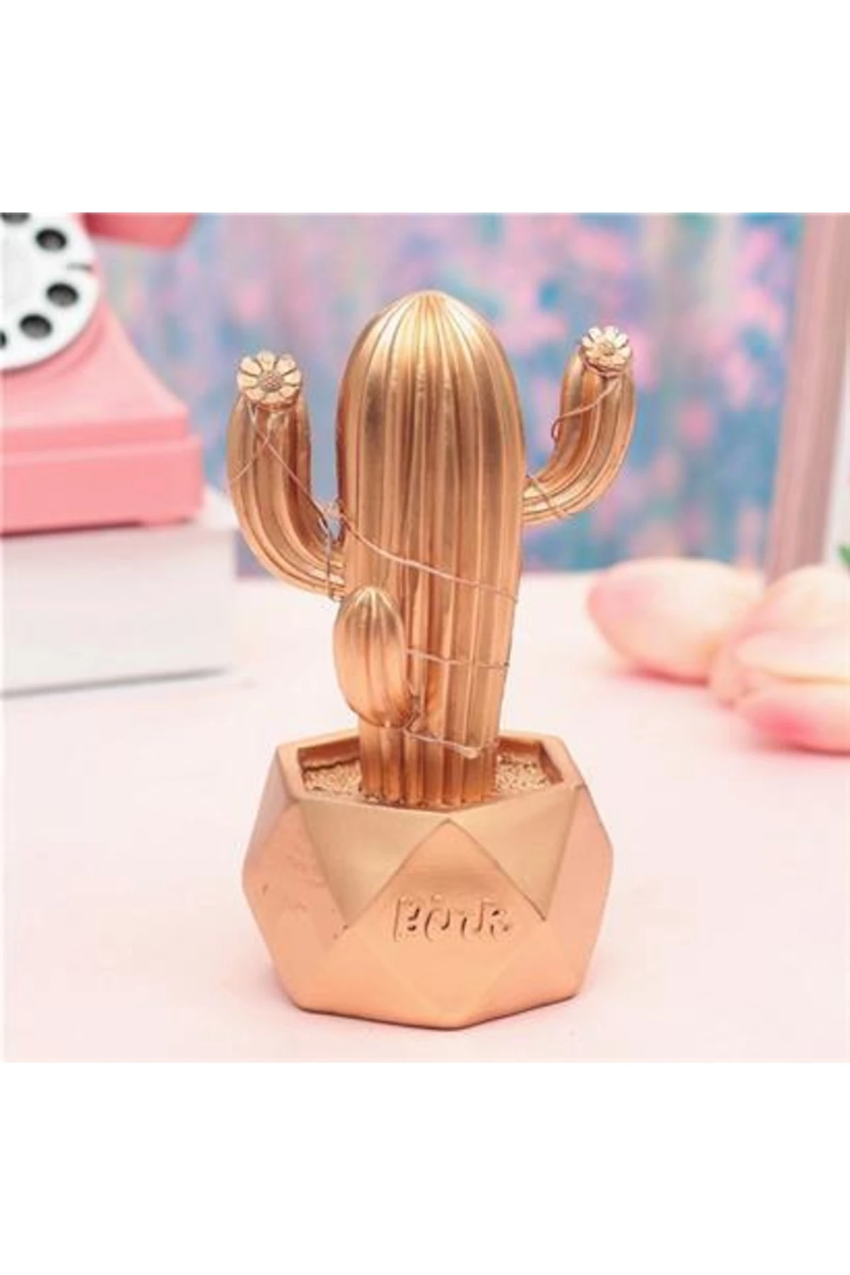 roichil® Led Işıklı Sevimli Kaktüs Dekoratif Masa Lambası Mini Biblo Gece Lambası-gold