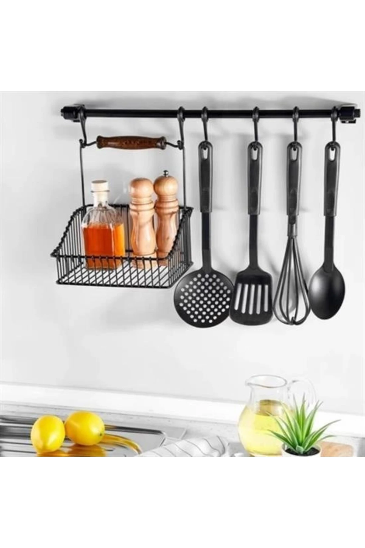 Retro Ferforje Askılı Siyah Ahşap Kulplu Düzenleyici Mutfak Sepeti