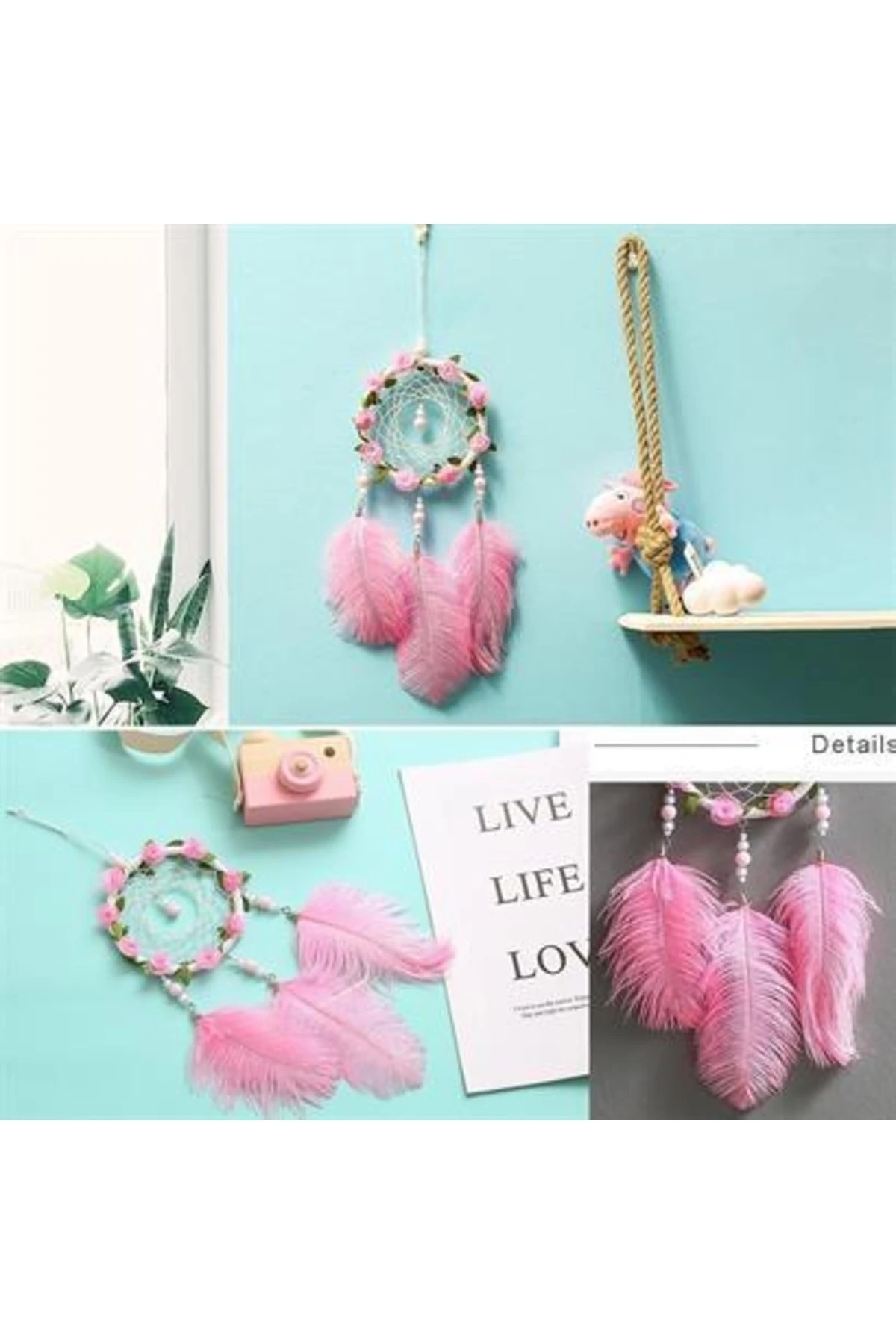 roichil® El Yapımı Kuş Tüyü Ve Led Işıklı Dekoratif Asma Düş Rüya Kapanı