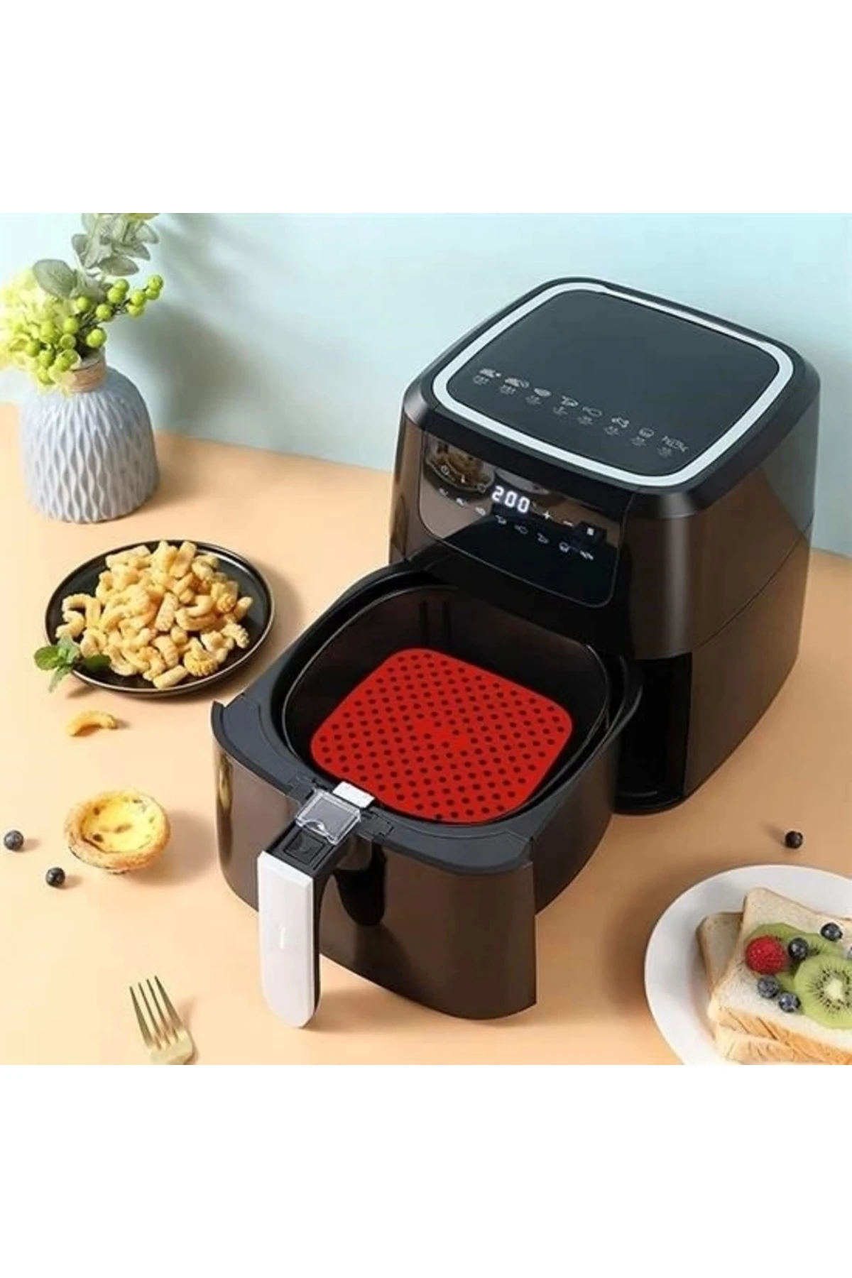 Renkli Isıya Dayanıklı Yıkanılabilir Silikon Fırın Ve Airfryer Kare Pişirme Matı 21,5 Cm