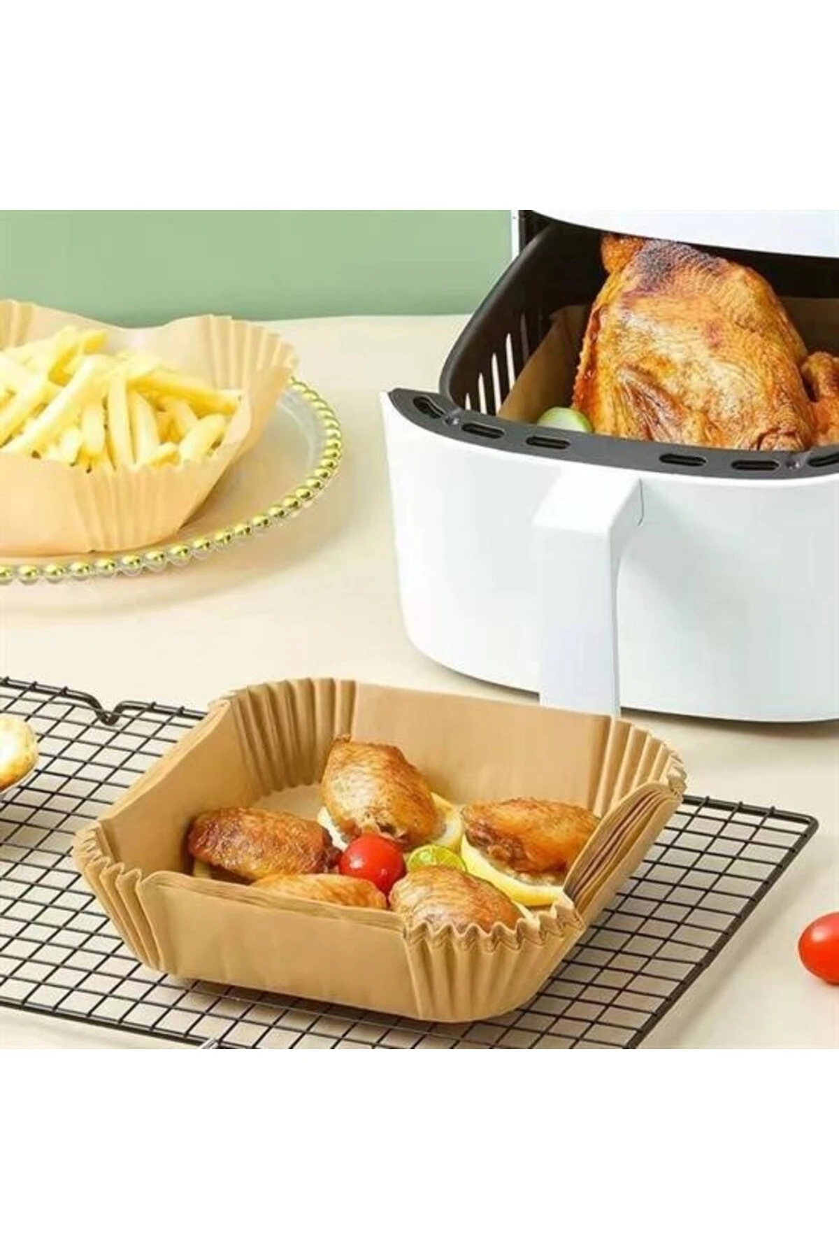 50 Adet Air Fryer Pişirme Kağıdı Tek Kullanımlık Hava Fritöz Yağ Geçirmez Yapışmaz Kare Tabak Model