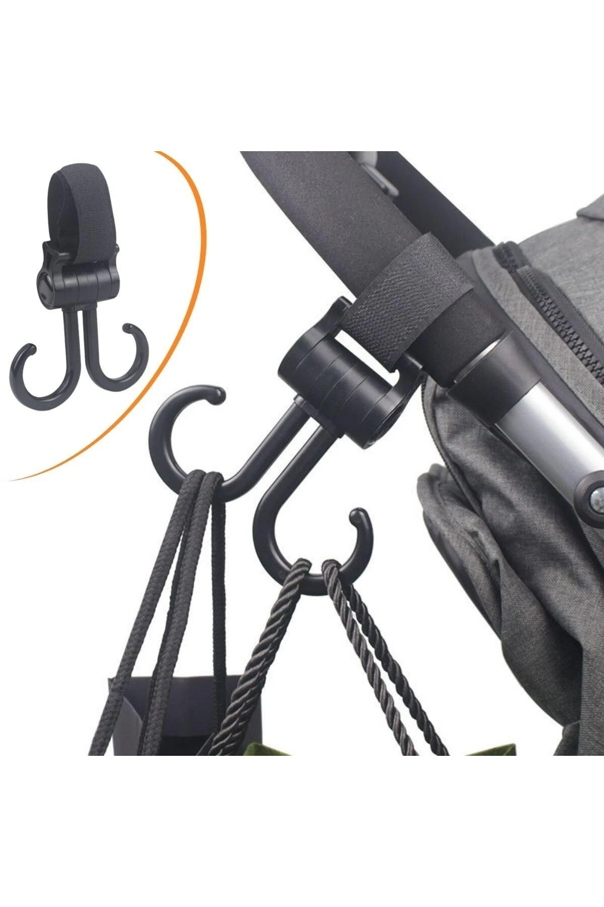 ® 2li Bebek Arabasına Uyumlu Cırtlı  Eşya Taşıma Aparatı 360 Derece Dönebilen Plastik Kanca