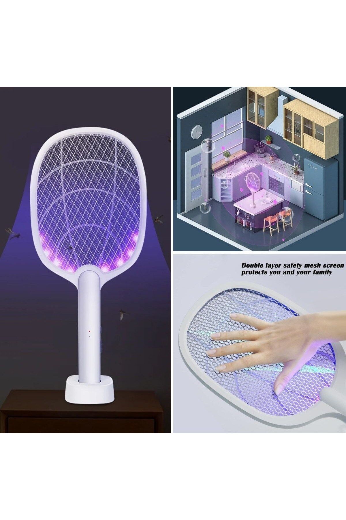 Şarjlı Sinek Öldürücü Masaüstü Standlı,Mor Işık Sinek Kovucu Raket 5w