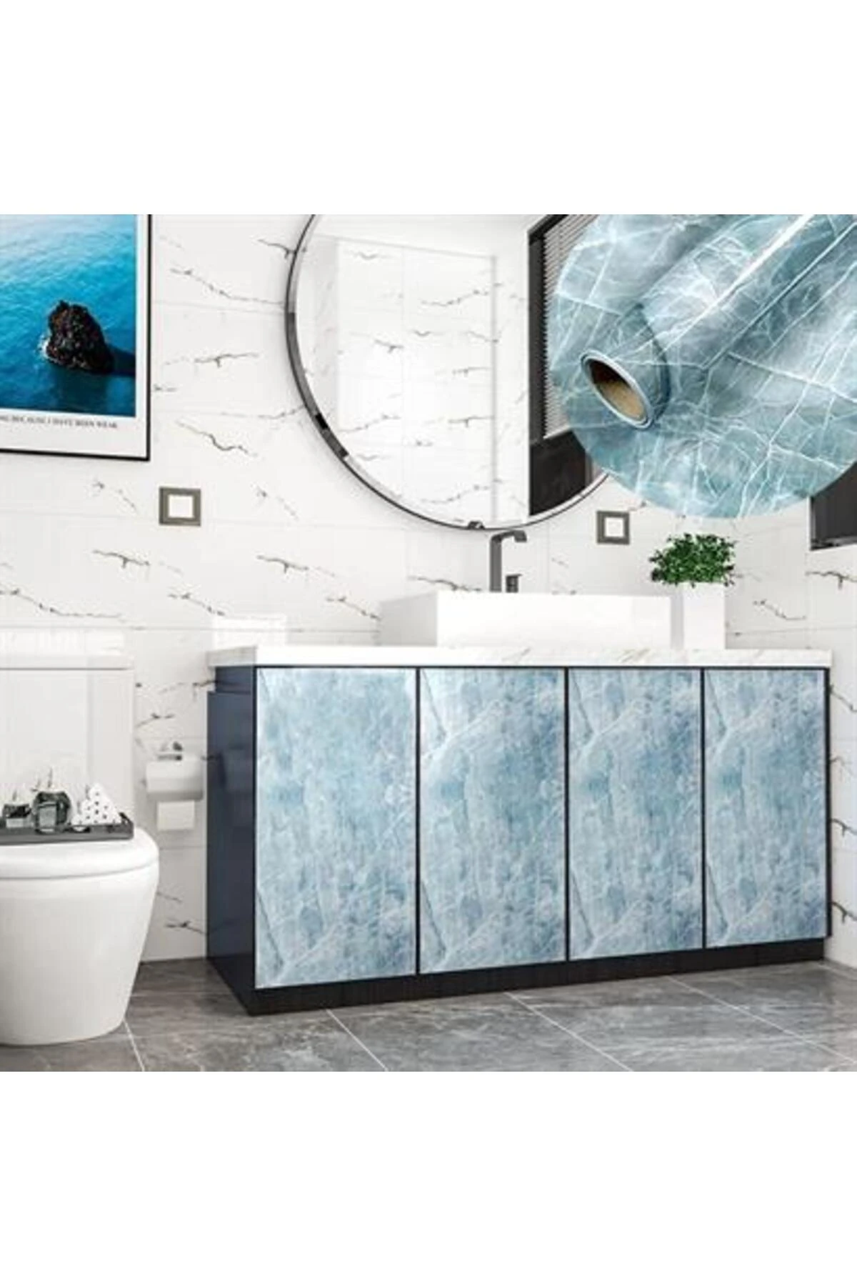 Mermer Desenli Masa Tezgah Mutfak Su Geçirmez Yapışkanlı Folyo Sticker Mavi 5x0,6m