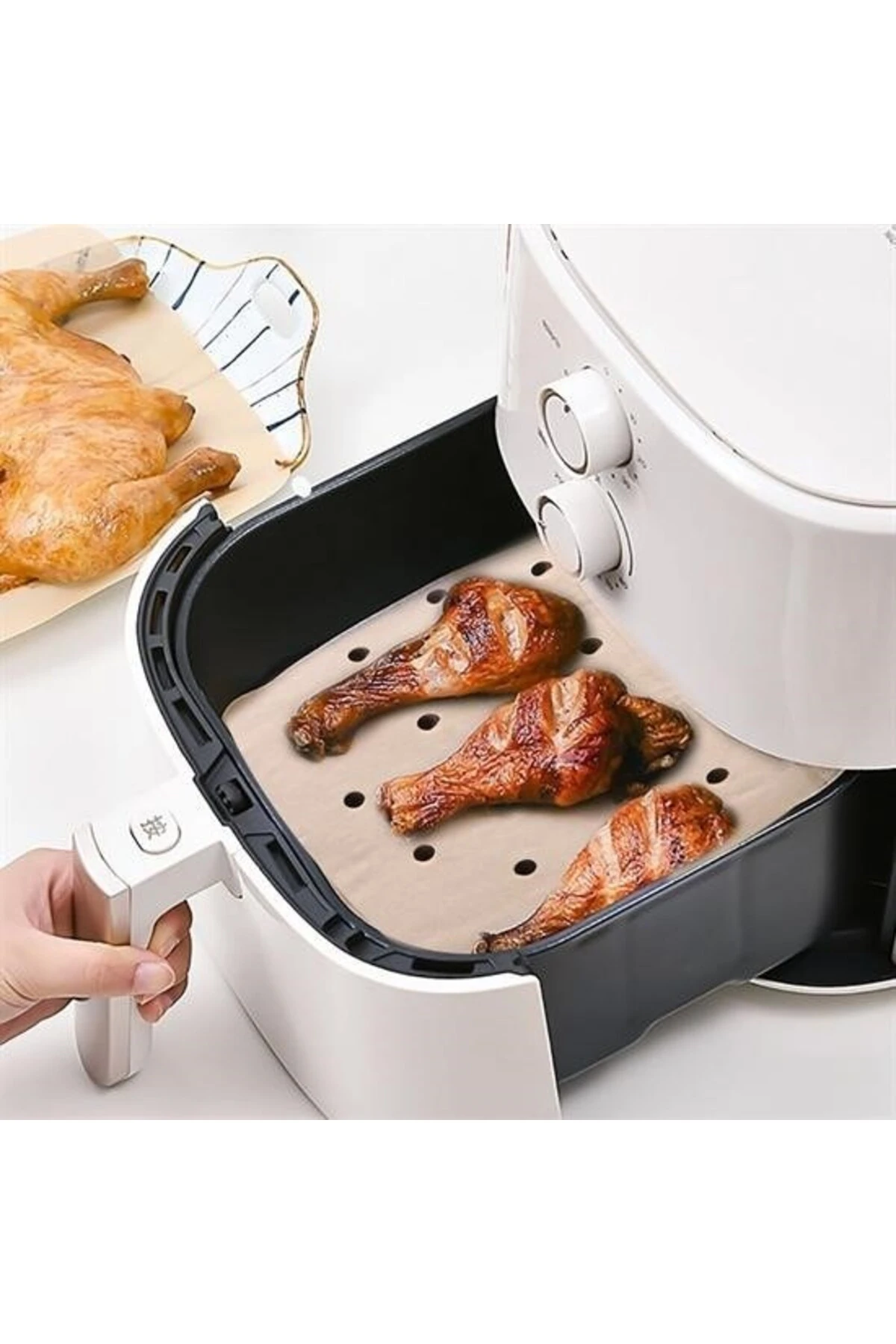 50 Adet Air Fryer Pişirme Kağıdı Tek Kullanımlık Hava Fritöz Yapışmaz Yağlı Kağıt Delikli Model