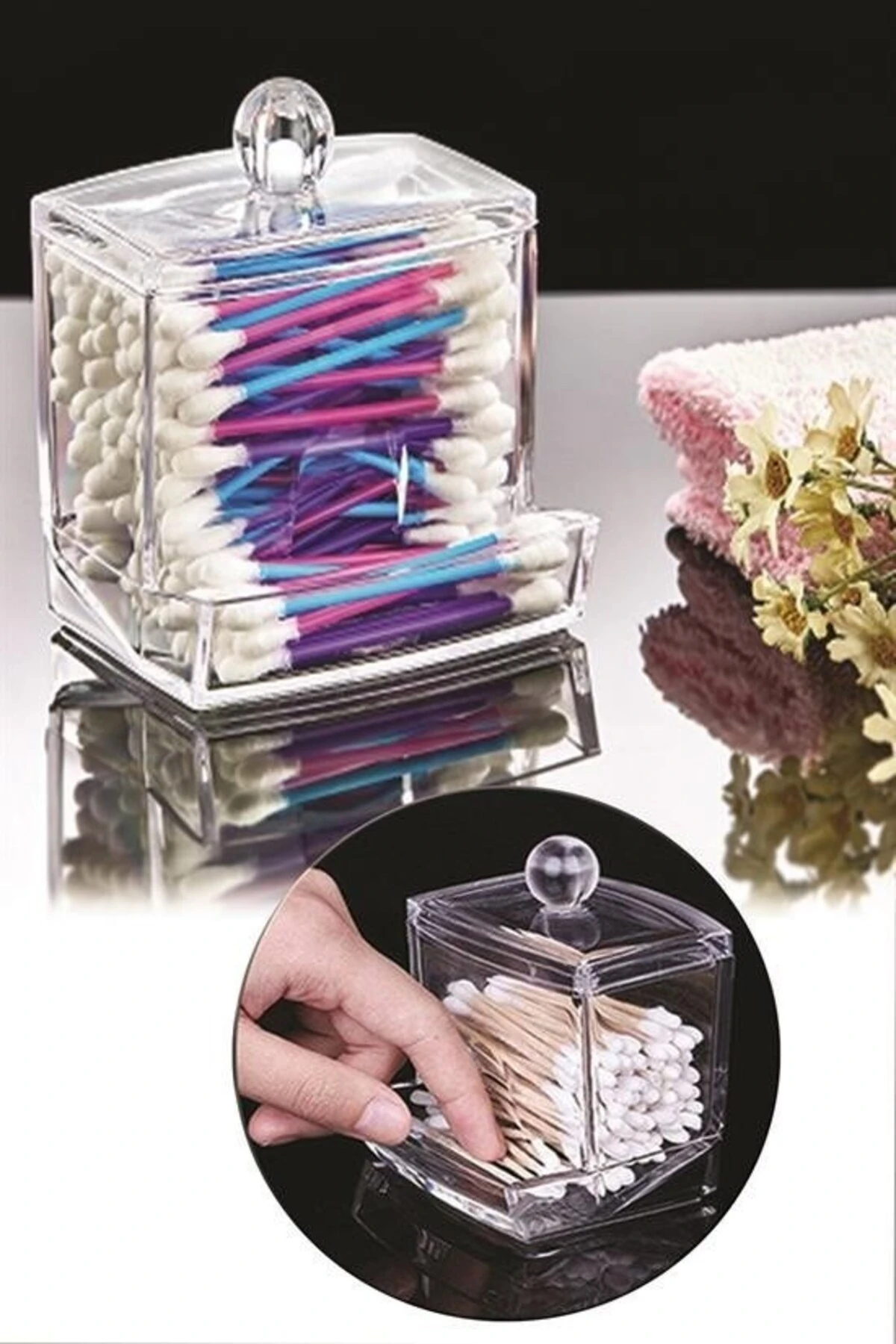 ® Şeffaf Kapaklı Kulak Temizleme Çubuğu Organizatörü Saklama Kutusu