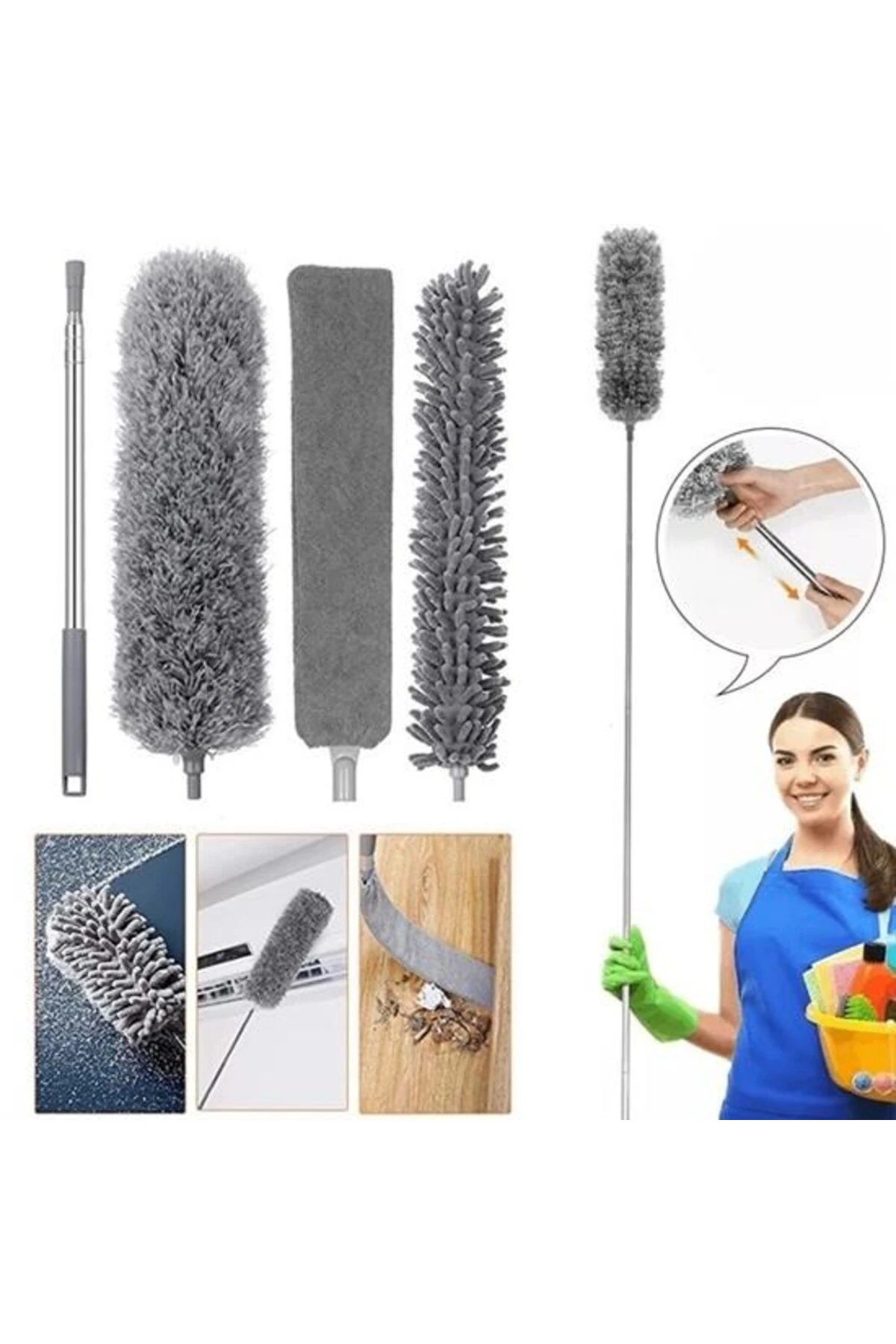 Teleskopik 3'lü Mop Toz Alma Püskülü Çok Fonksiyonlu Temizlik Seti