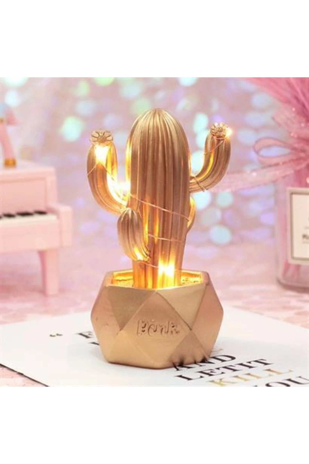 roichil® Led Işıklı Sevimli Kaktüs Dekoratif Masa Lambası Mini Biblo Gece Lambası-gold