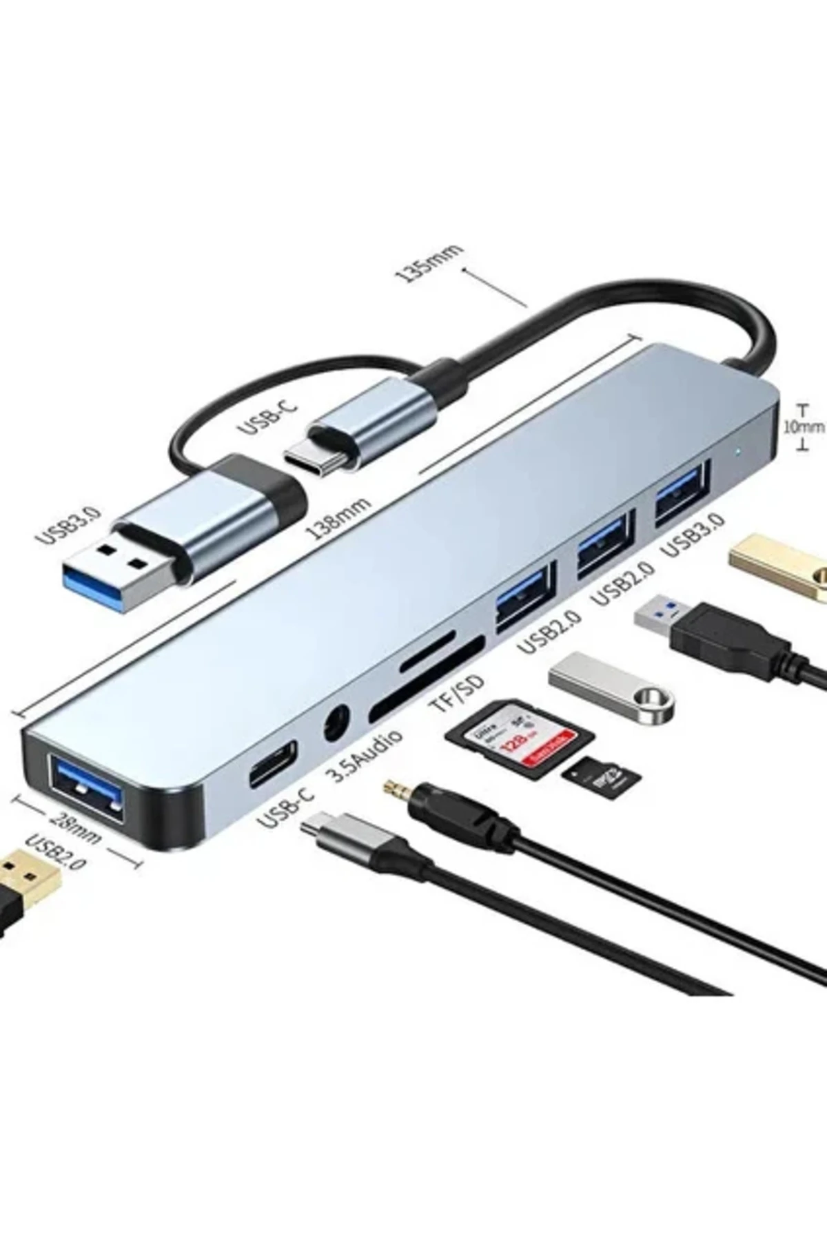 8 In 1 USB Type-C USB 2.0/3.0 Audio 3.5 Tf Sd Çevirici Adaptör Çok Portlu Çoklayıcı USB Hub