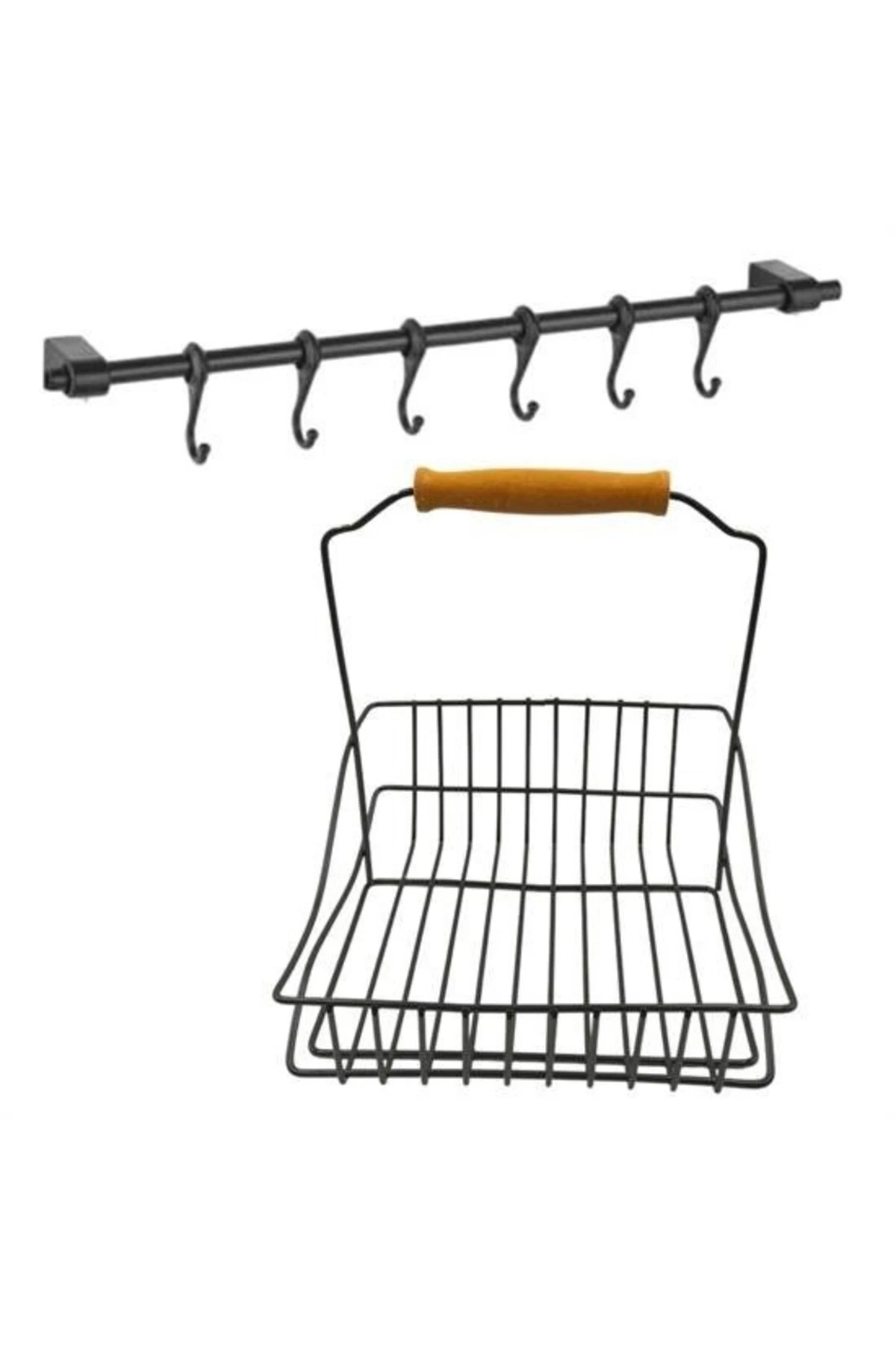 Retro Ferforje Askılı Siyah Ahşap Kulplu Düzenleyici Mutfak Sepeti
