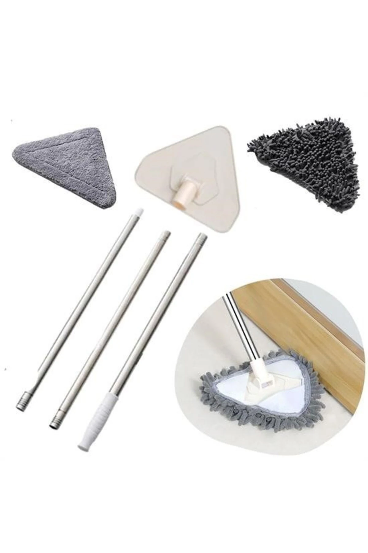 ® Teleskopik Saplı 150 cm Üçgen Mop Cam Duvar Tavan Fayans Parke Temizleyici Mop
