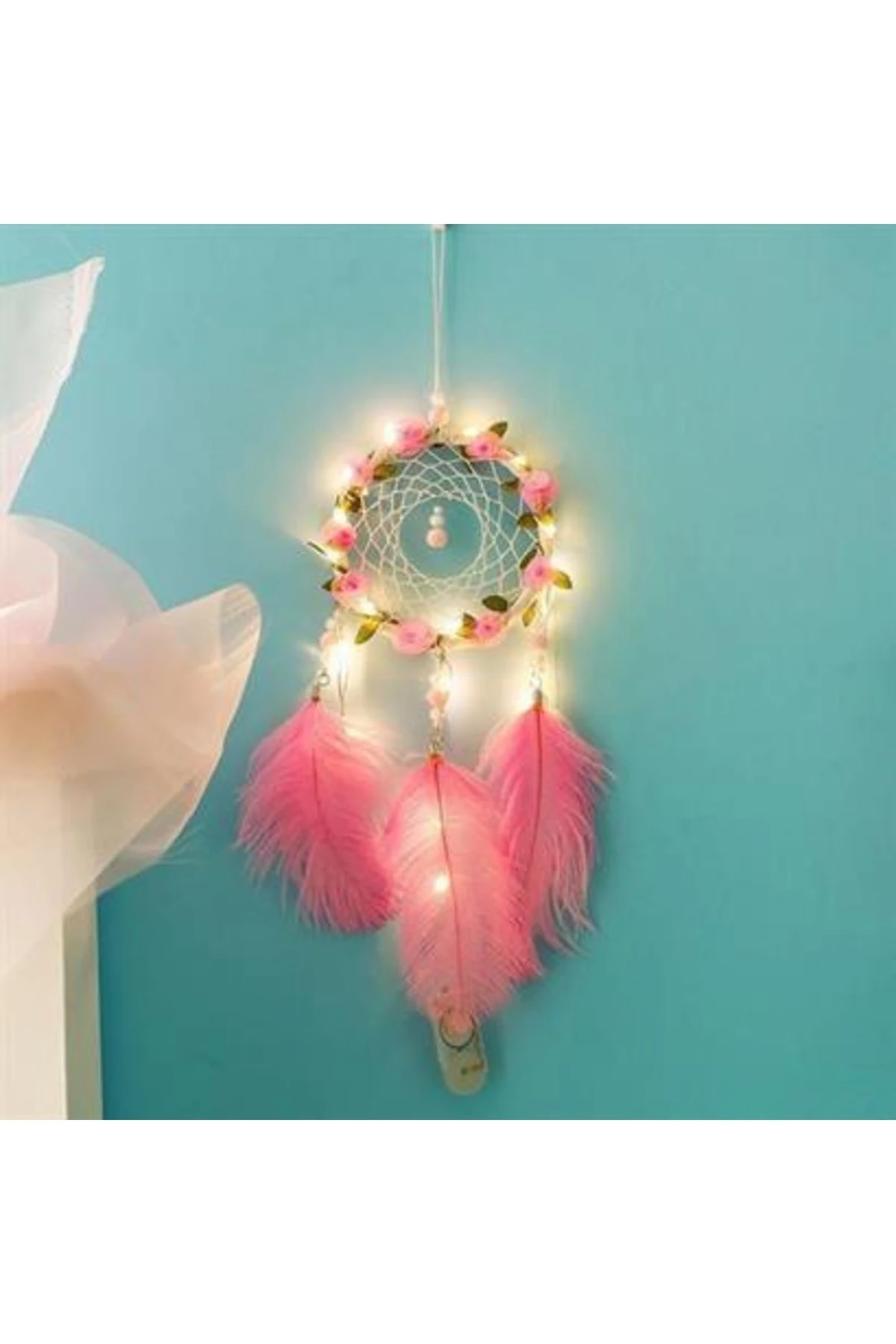 roichil® El Yapımı Kuş Tüyü Ve Led Işıklı Dekoratif Asma Düş Rüya Kapanı