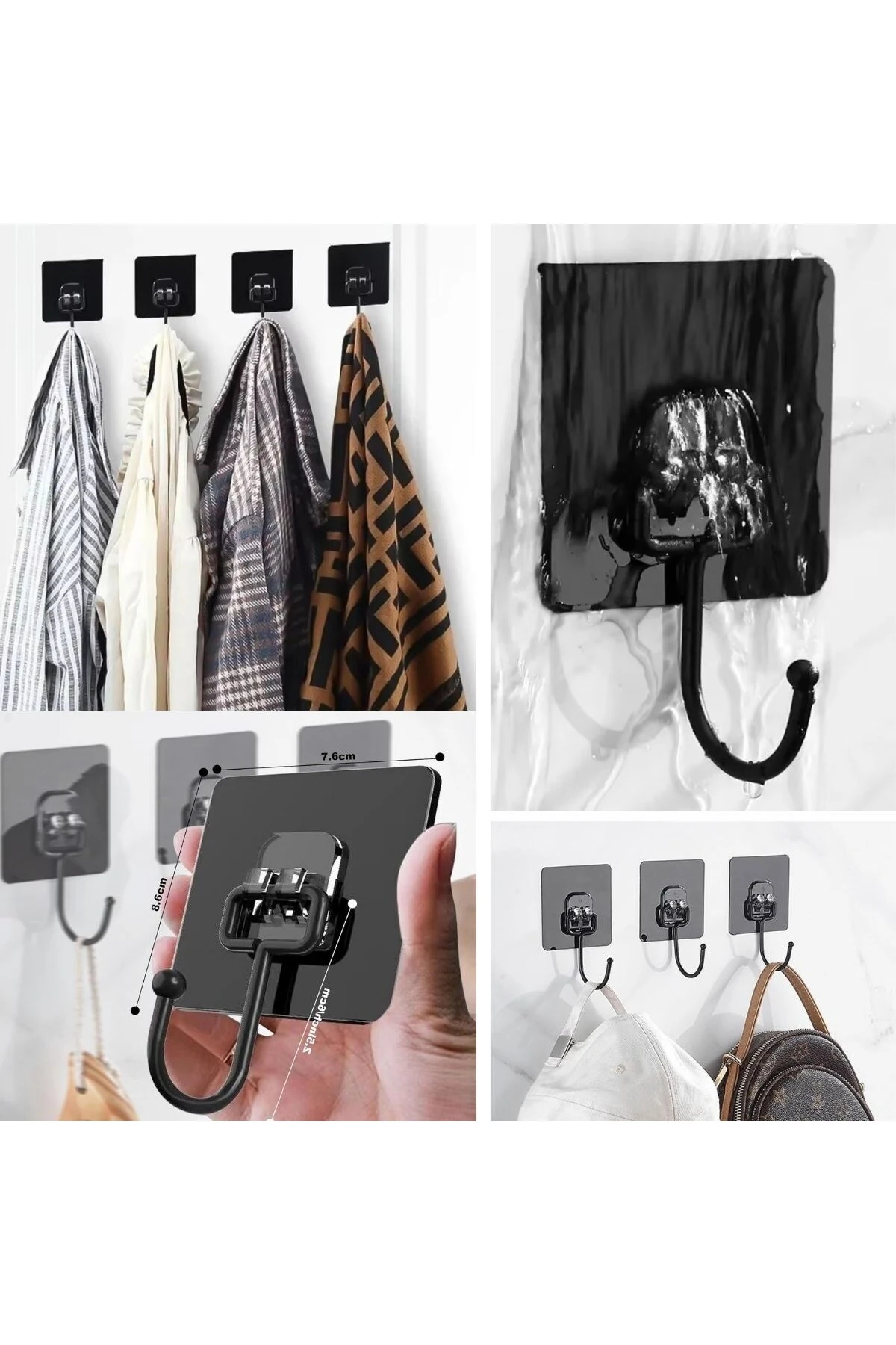 10 Adet Duvara, Dolapa Yapışan Güçlü Yapışkanlı Siyah Duvar Askısı