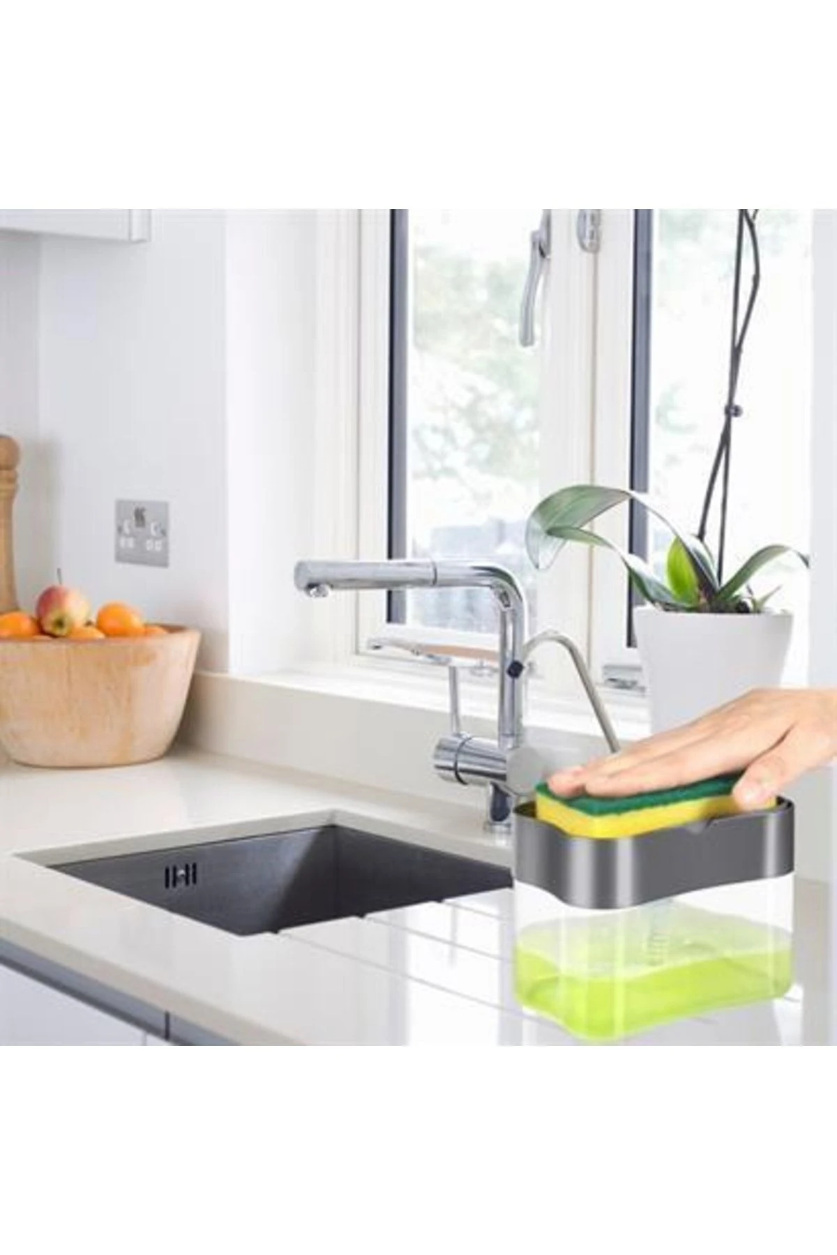 roichil® Ikisi Bir Arada Basmalı Pratik Sıvı Sabunluk Pompası Ve Bulaşık Yıkama Süngeri Haznesi