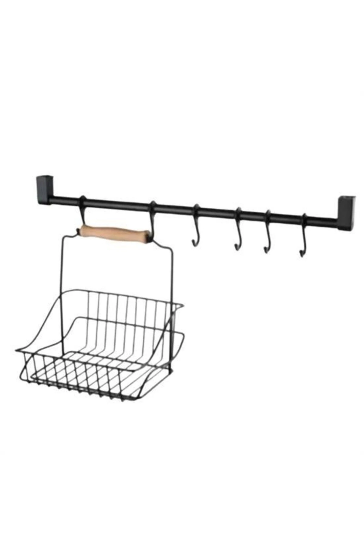 Retro Ferforje Askılı Siyah Ahşap Kulplu Düzenleyici Mutfak Sepeti