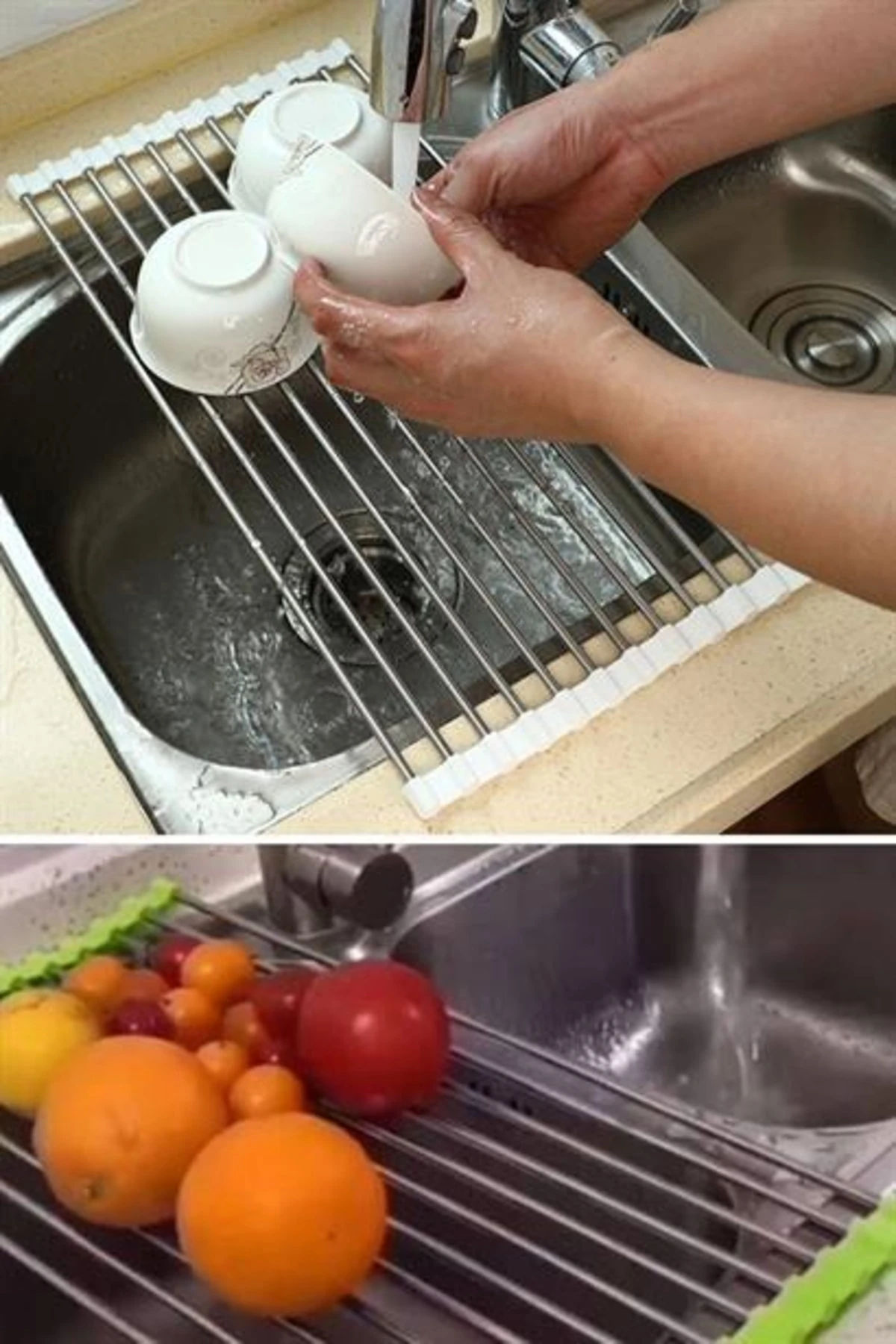 Evye Üstü Katlanır Nihale Paslanmaz Çelik Pratik Sebze Meyve Bulaşık Kurutma Süzgeci