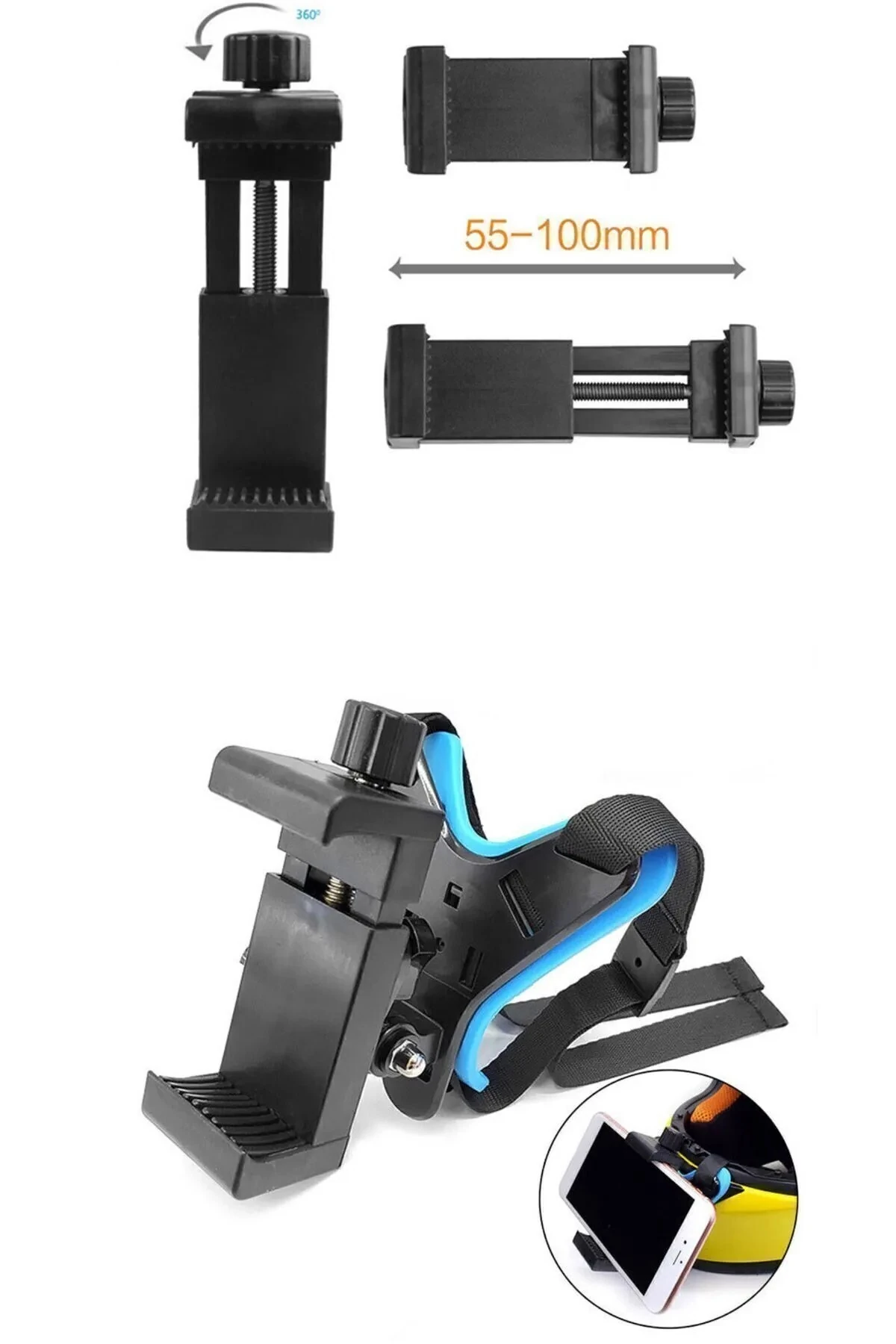 Kask Alt Çene Bağlantı Aparatı ve Kayışı Aksiyon Kamera ve Telefon Tutucu Set Siyah Mavi