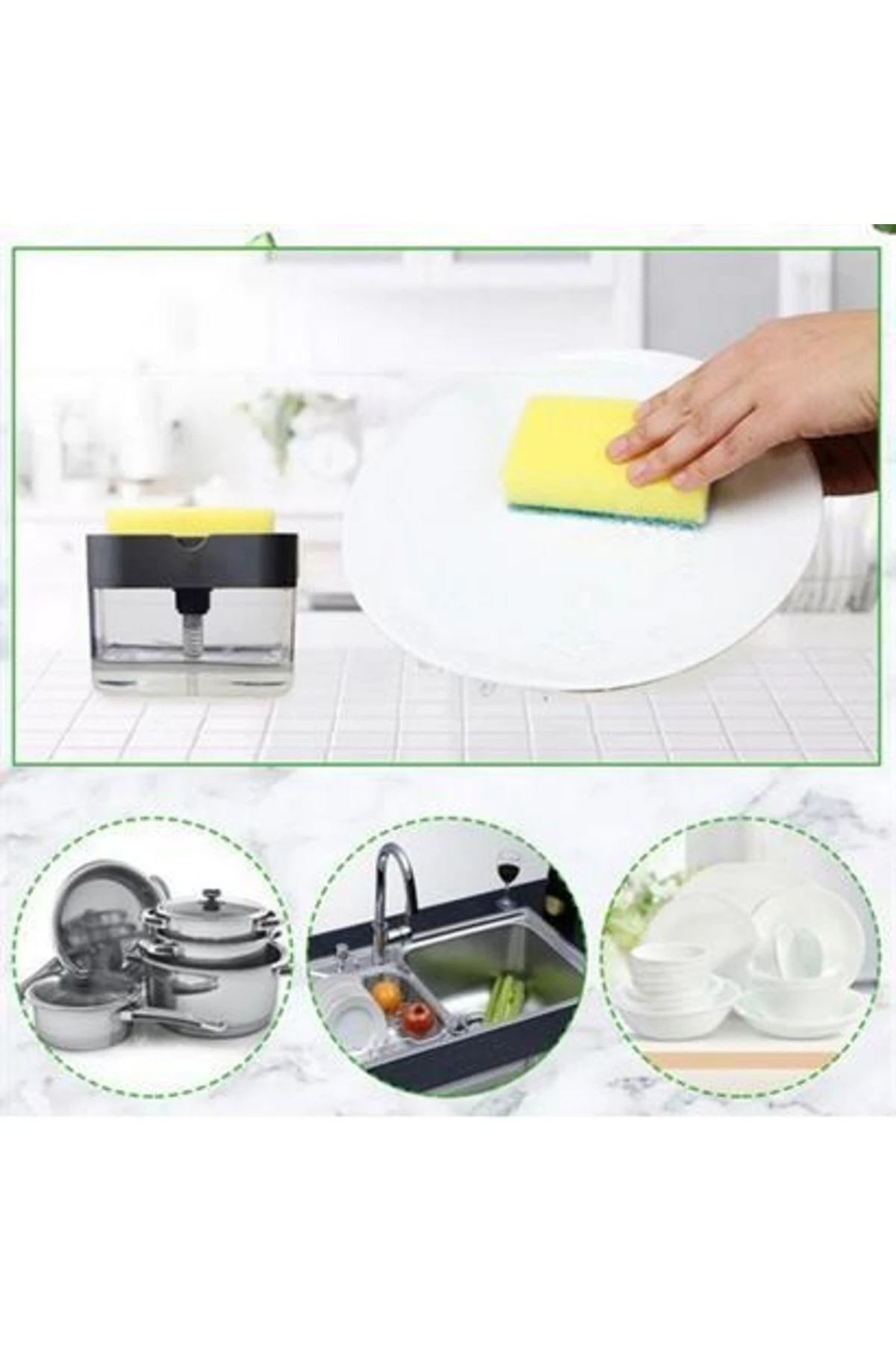 roichil® Ikisi Bir Arada Basmalı Pratik Sıvı Sabunluk Pompası Ve Bulaşık Yıkama Süngeri Haznesi