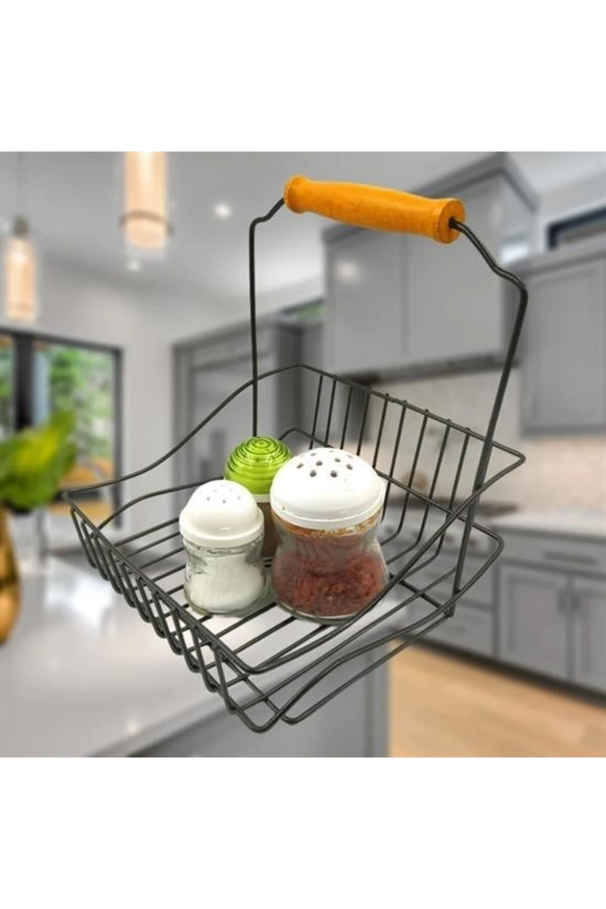 Retro Ferforje Askılı Siyah Ahşap Kulplu Düzenleyici Mutfak Sepeti