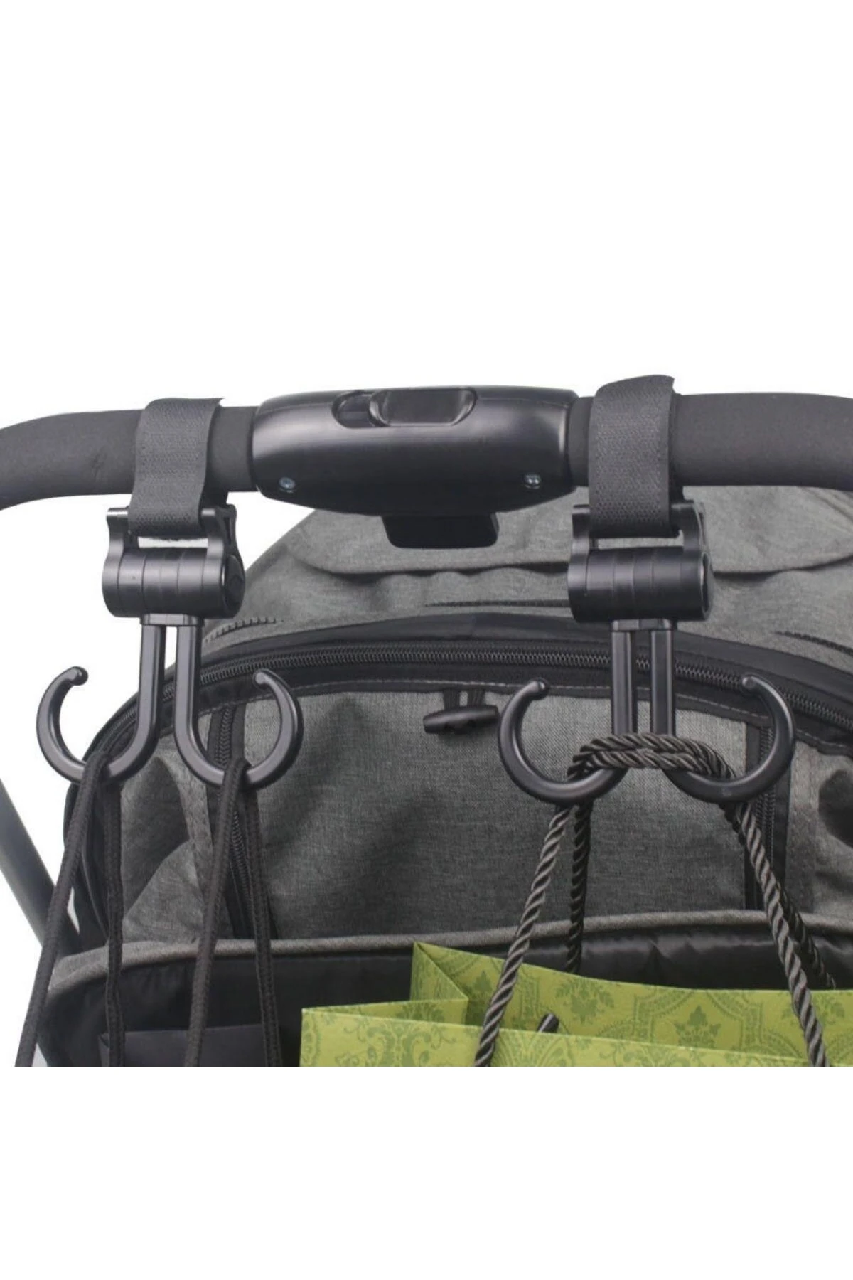 ® 2li Bebek Arabasına Uyumlu Cırtlı  Eşya Taşıma Aparatı 360 Derece Dönebilen Plastik Kanca