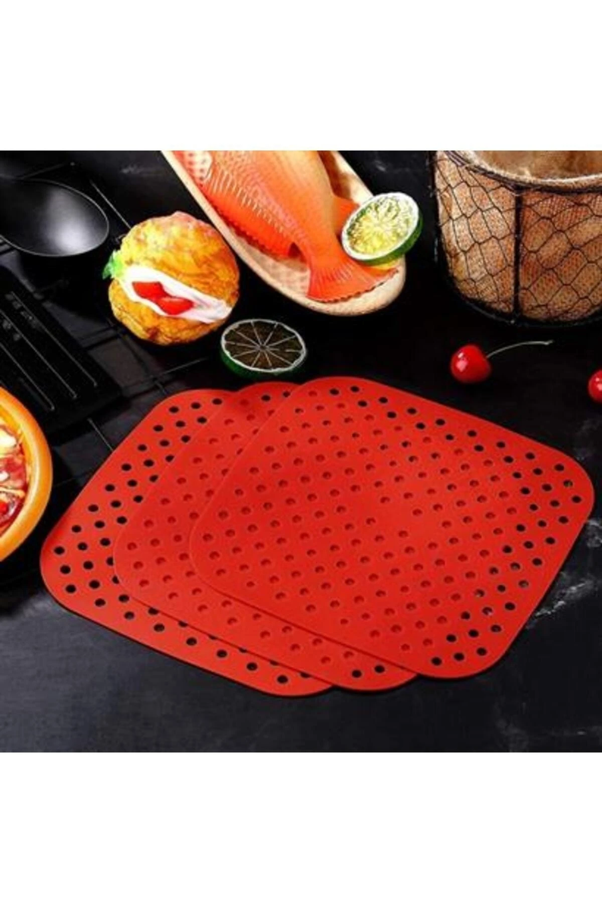 Renkli Isıya Dayanıklı Yıkanılabilir Silikon Fırın Ve Airfryer Kare Pişirme Matı 21,5 Cm