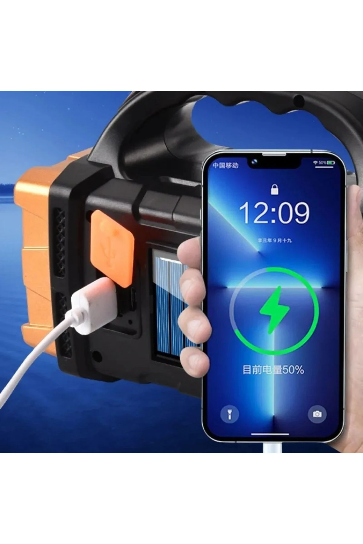 Solar ve USB Şarjlı LED + COB El Feneri | 1500 mAh Şarjlı Taşınabilir Çalışma Işığı–Su Geçirmez