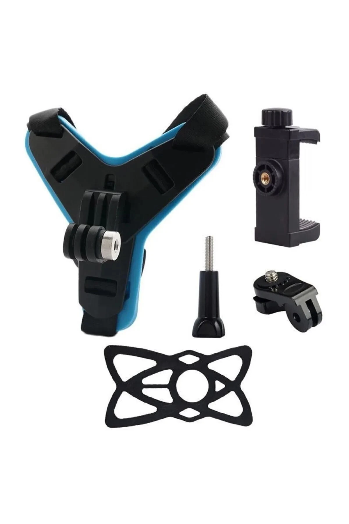 Kask Alt Çene Bağlantı Aparatı ve Kayışı Aksiyon Kamera ve Telefon Tutucu Set Siyah Mavi