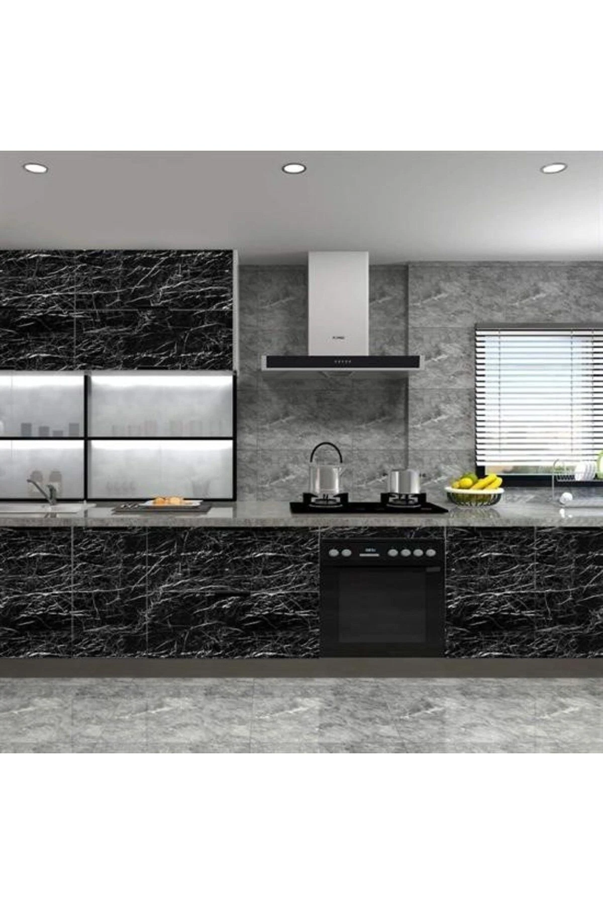 Mermer Desenli Masa Tezgah Mutfak Su Geçirmez   Siyah 5x0,6m