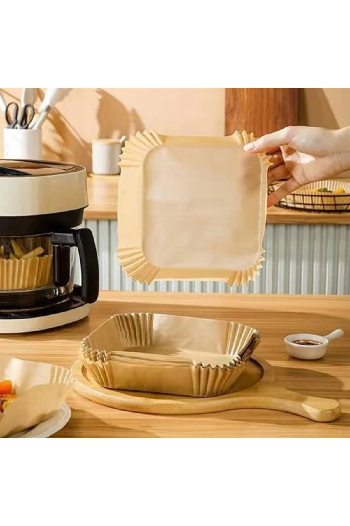 50 Adet Air Fryer Pişirme Kağıdı Tek Kullanımlık Hava Fritöz Yağ Geçirmez Yapışmaz Kare Tabak Model