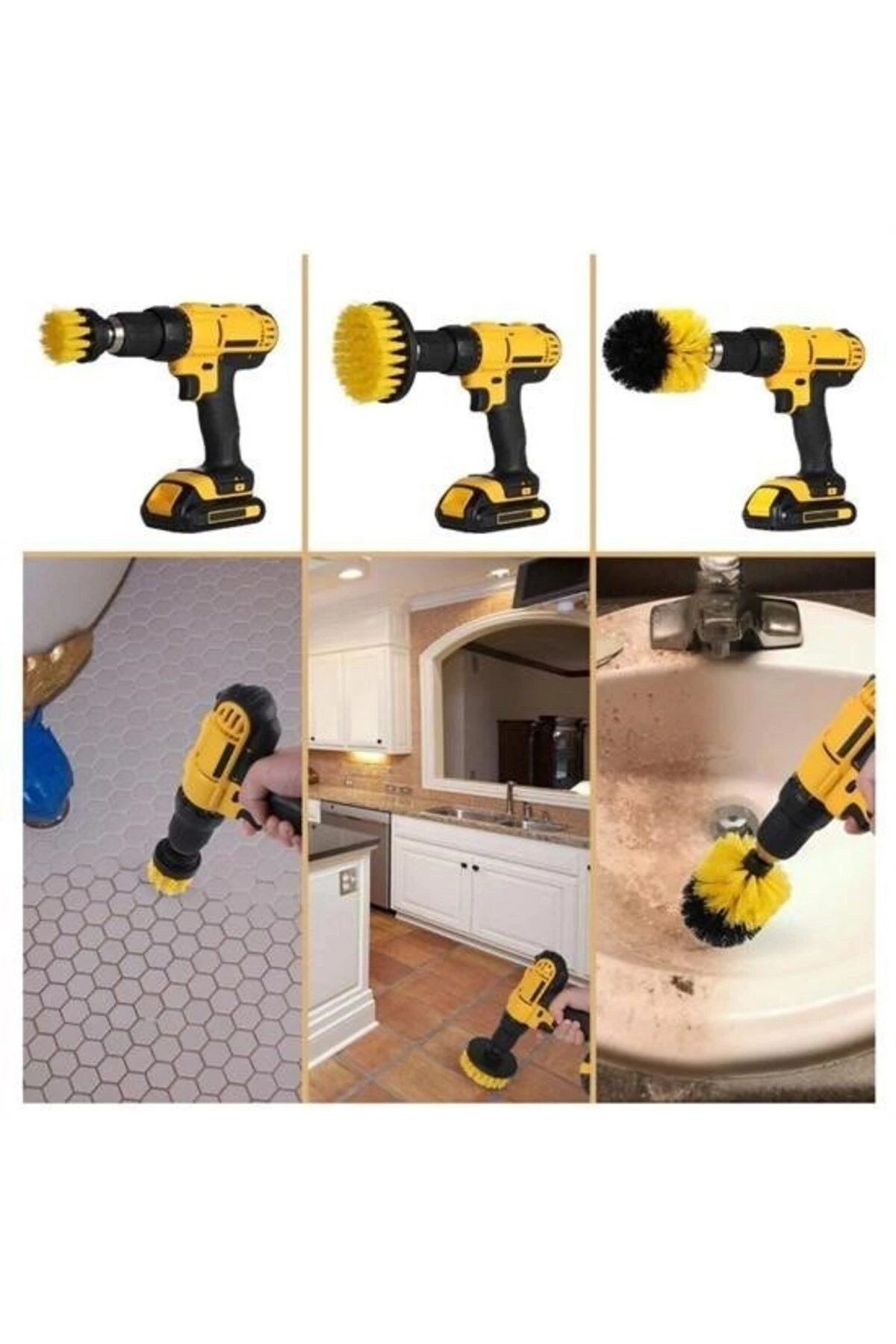 3lü Matkap Ucu Banyo Küvet Duşakabin Araba Tekerliği Koltuk Yıkama Temizleme Fırçası Seti