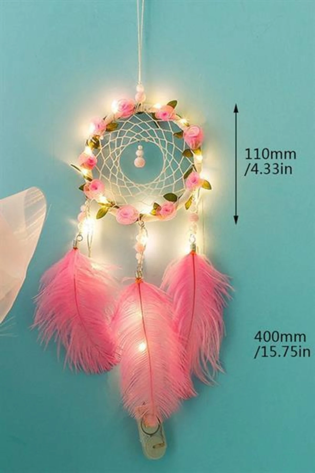 roichil® El Yapımı Kuş Tüyü Ve Led Işıklı Dekoratif Asma Düş Rüya Kapanı