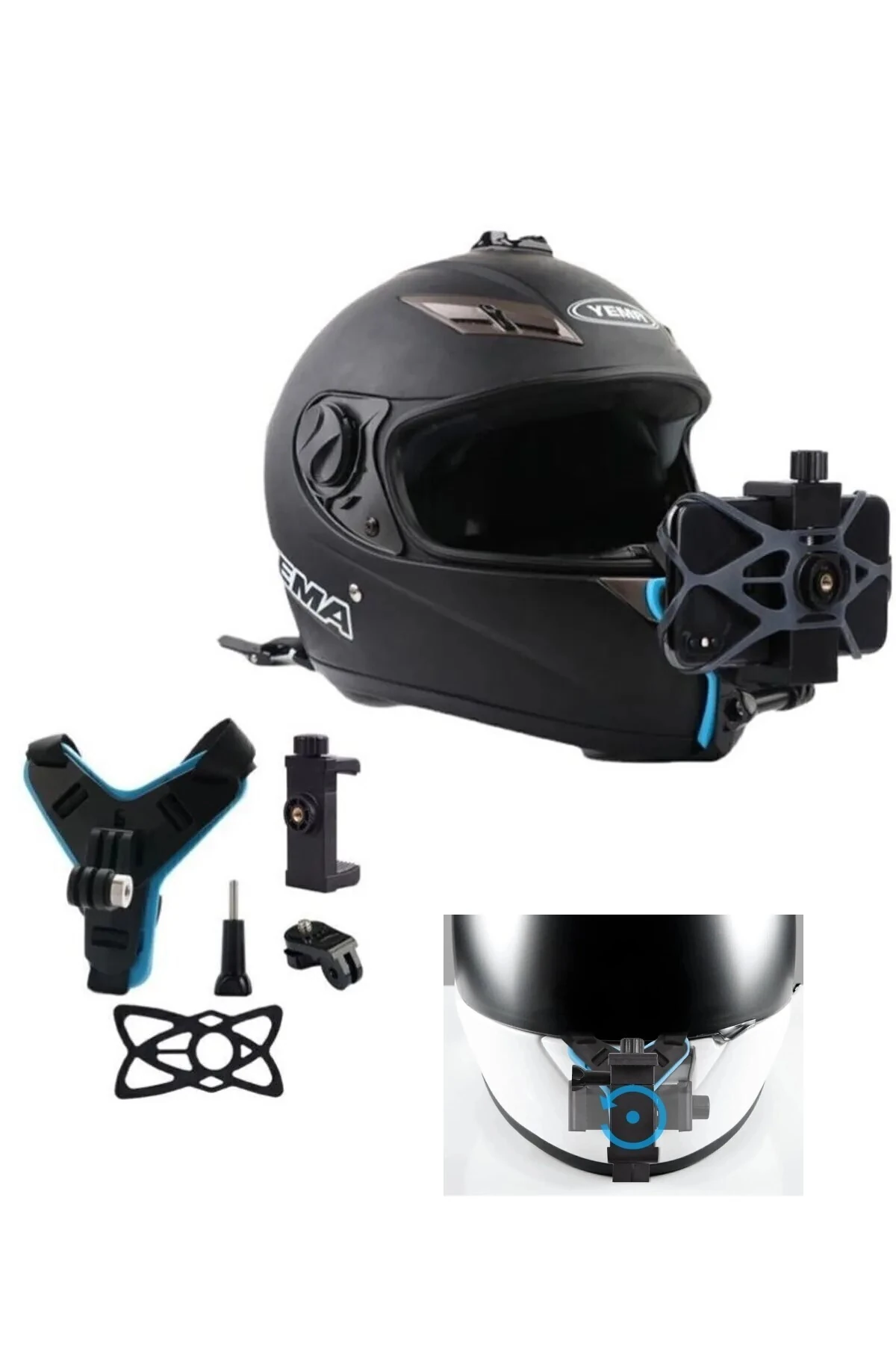 Kask Alt Çene Bağlantı Aparatı ve Kayışı Aksiyon Kamera ve Telefon Tutucu Set Siyah Mavi