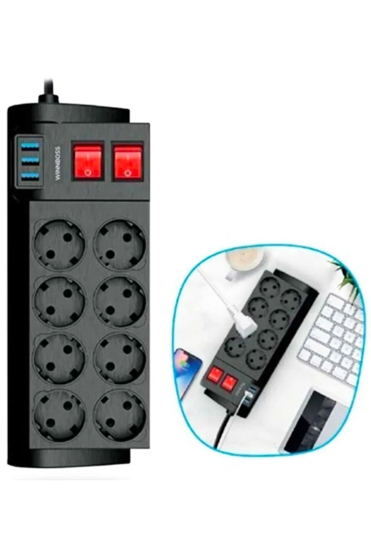 Isıya Dayanıklı Termal Akım Korumalı 2 Metre 16a 4000w 8li Priz Ve 3 Usb Li Uzatma Kablosu