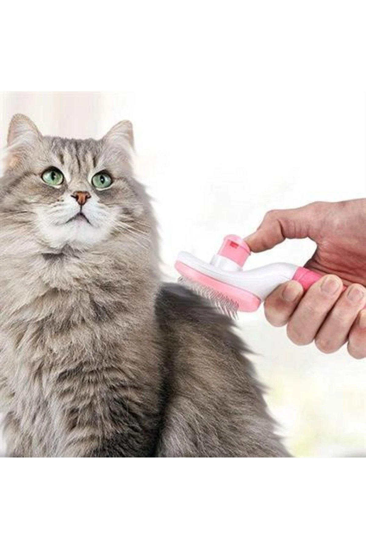 Kedi Köpek Tüy Toplayıcı Kendini Temizleyebilen Ergonomik Saplı Evcil Hayvan Tarağı Pembe