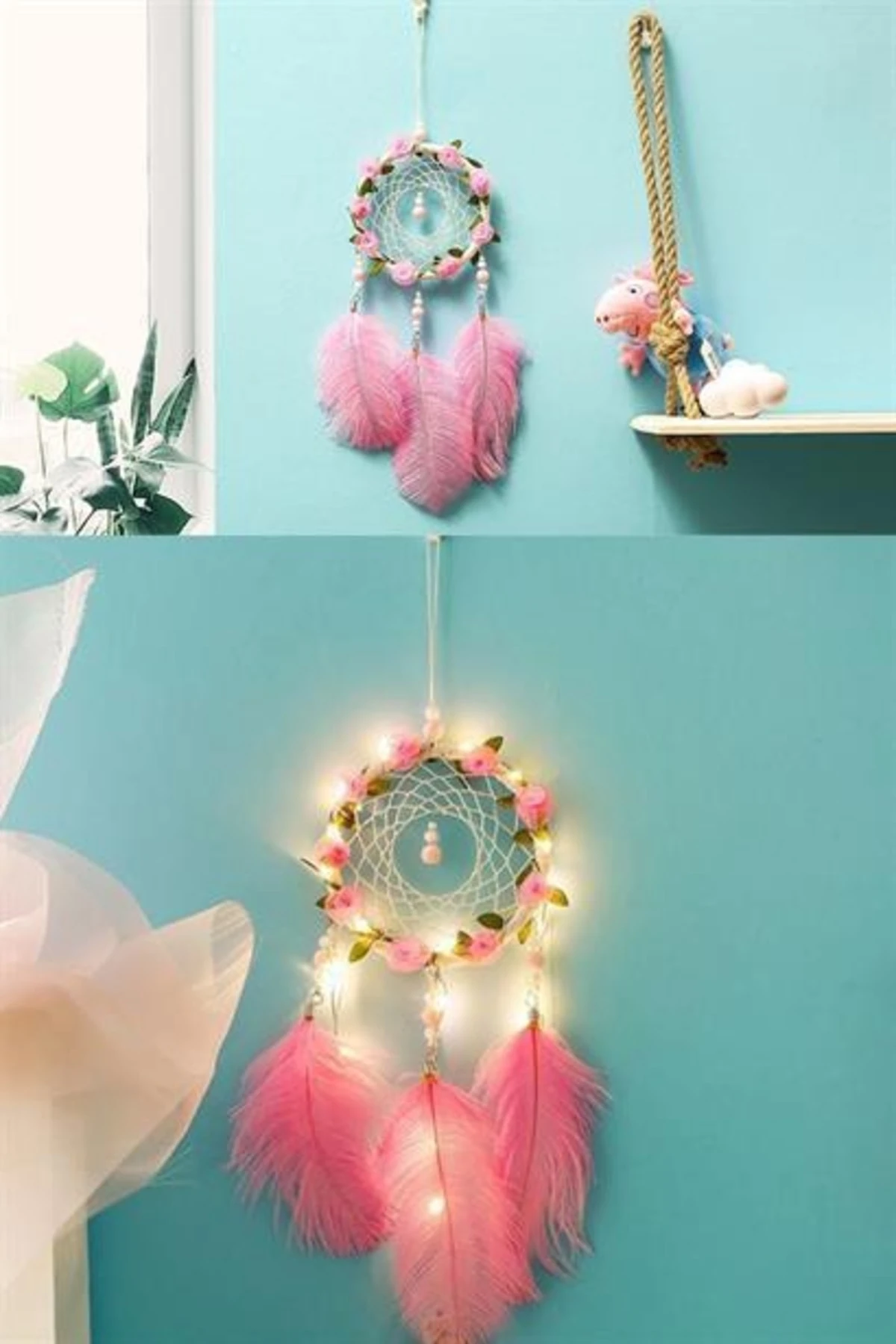 roichil® El Yapımı Kuş Tüyü Ve Led Işıklı Dekoratif Asma Düş Rüya Kapanı