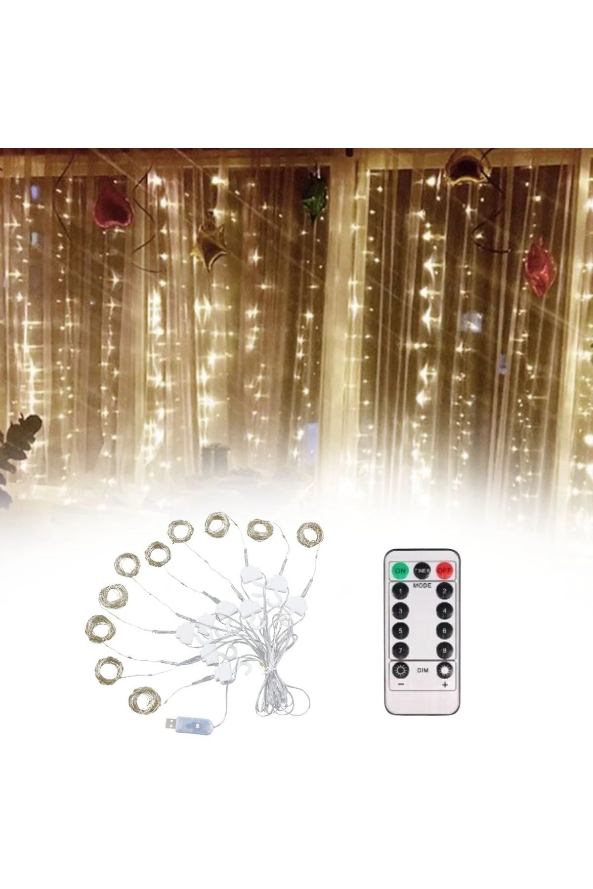 Uzaktan Kumandalı LED Perdeye Takılabilen Kancalı Işık Usb 3x3 Metre Peri Perde LED